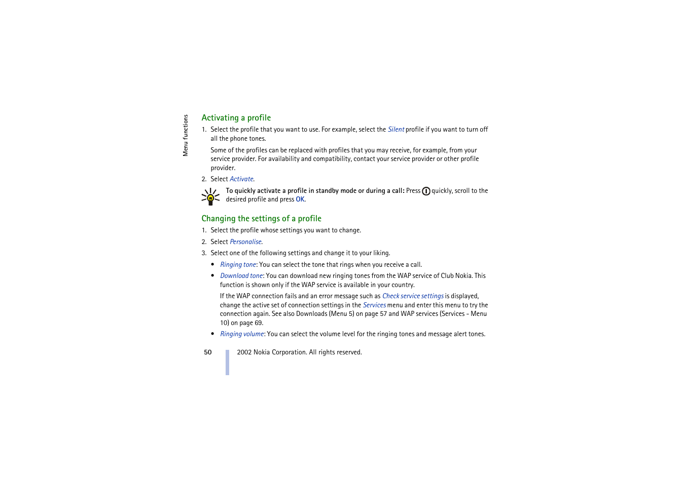 Activating a profile, Changing the settings of a profile | Nokia 3410 User Manual | Page 50 / 89