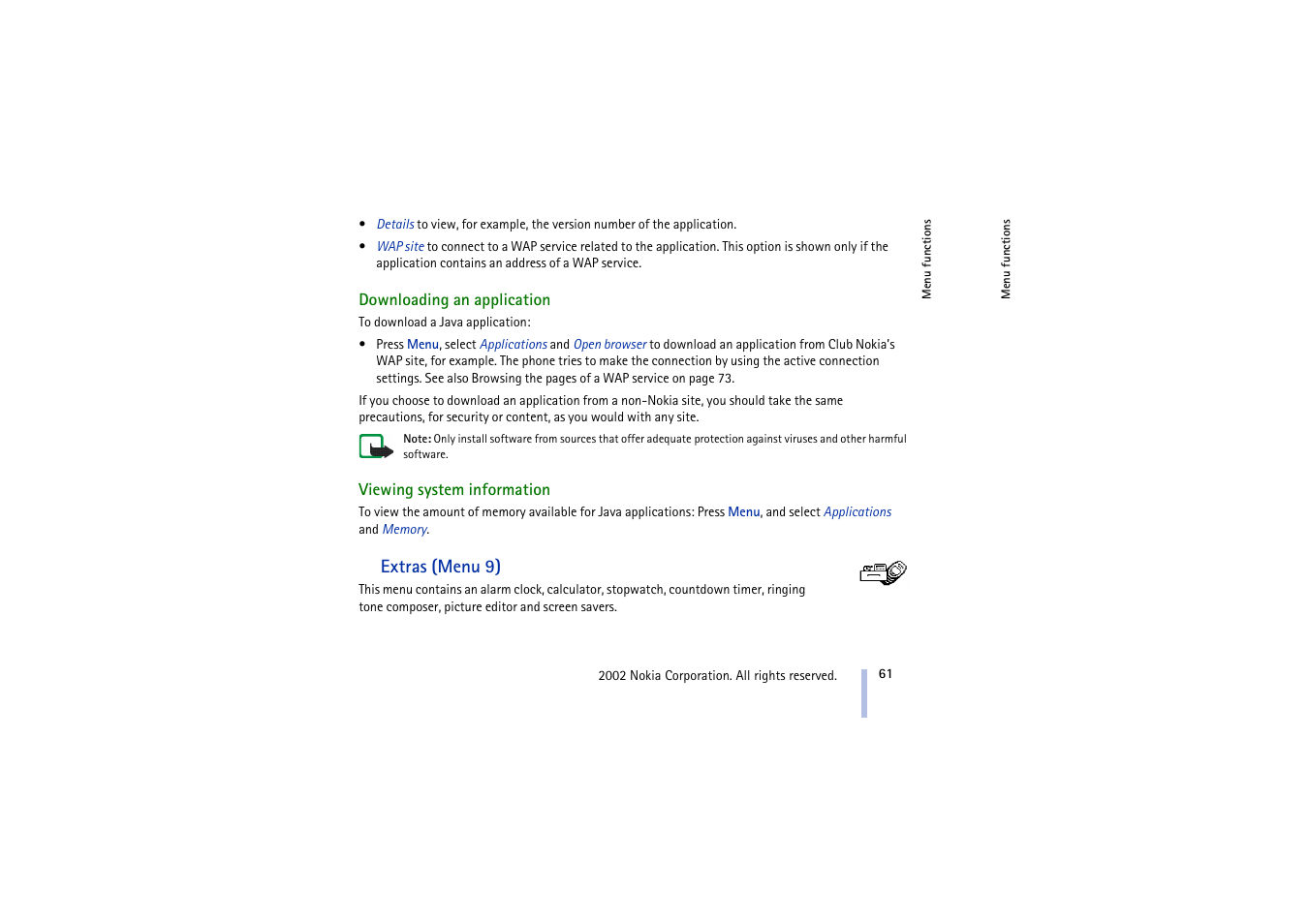 Downloading an application, Viewing system information, Extras | Extras (menu 9) | Nokia 3410 User Manual | Page 61 / 89