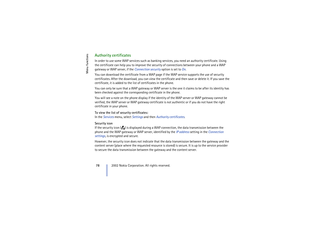 Authority certificates | Nokia 3410 User Manual | Page 78 / 89