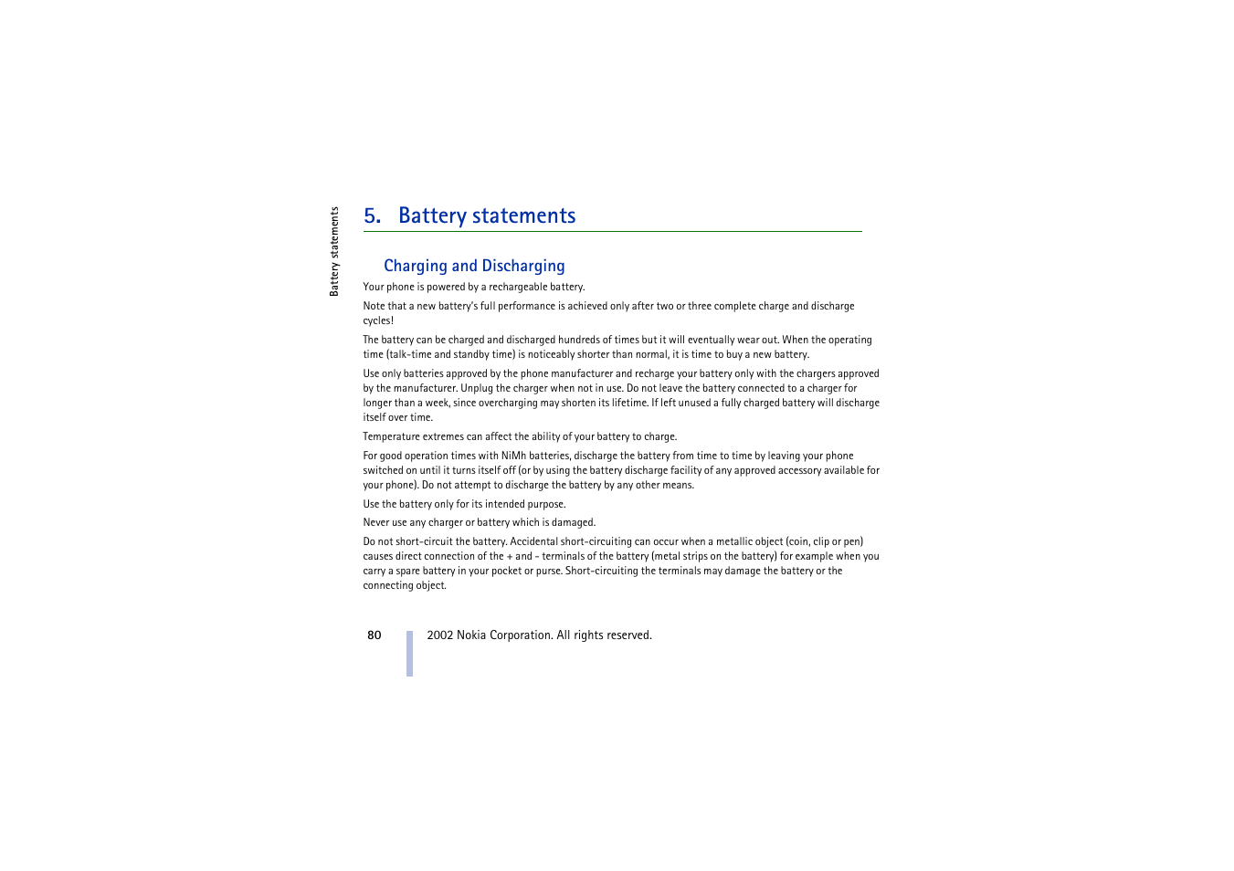 Battery statements, Charging and discharging | Nokia 3410 User Manual | Page 80 / 89