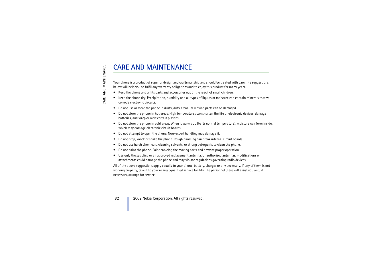 Care and maintenance | Nokia 3410 User Manual | Page 82 / 89