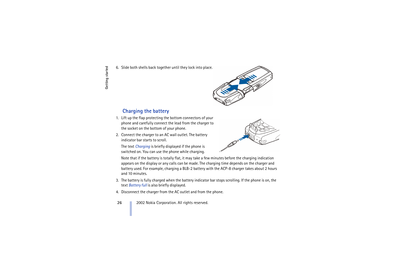 Charging the battery | Nokia 5210 User Manual | Page 26 / 106