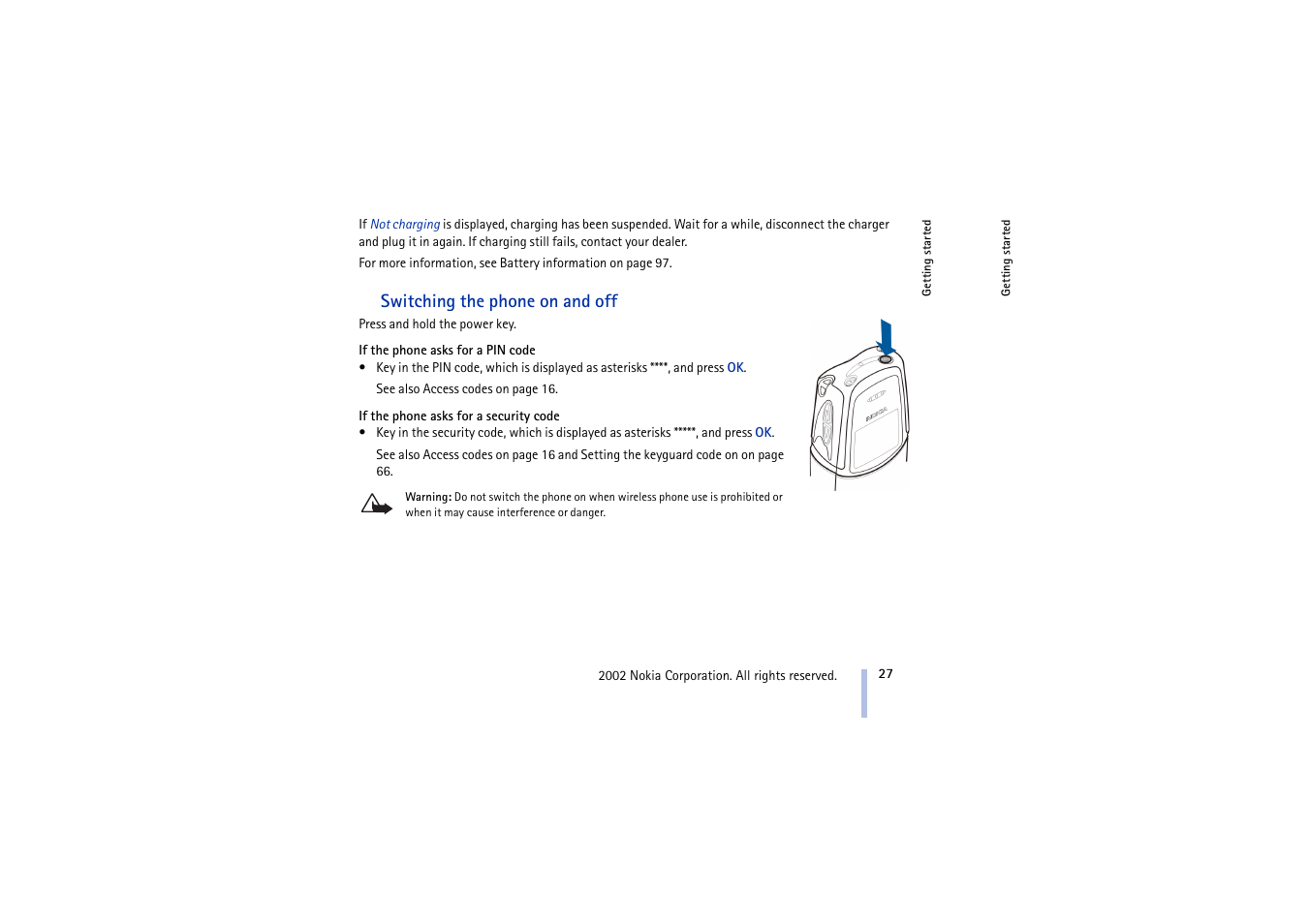 Switching the phone on and off | Nokia 5210 User Manual | Page 27 / 106