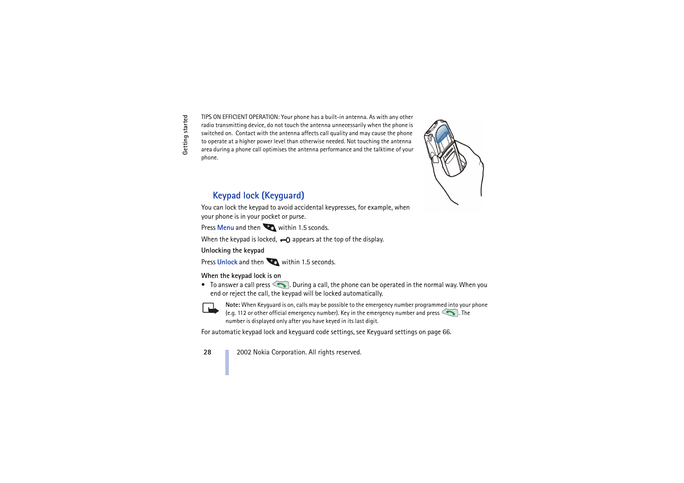 Keypad lock (keyguard) | Nokia 5210 User Manual | Page 28 / 106