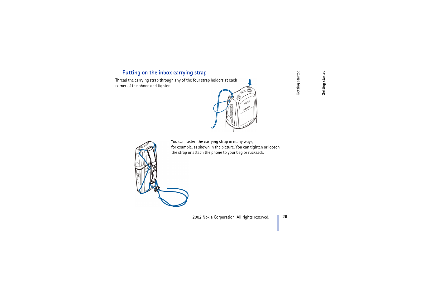 Putting on the inbox carrying strap | Nokia 5210 User Manual | Page 29 / 106