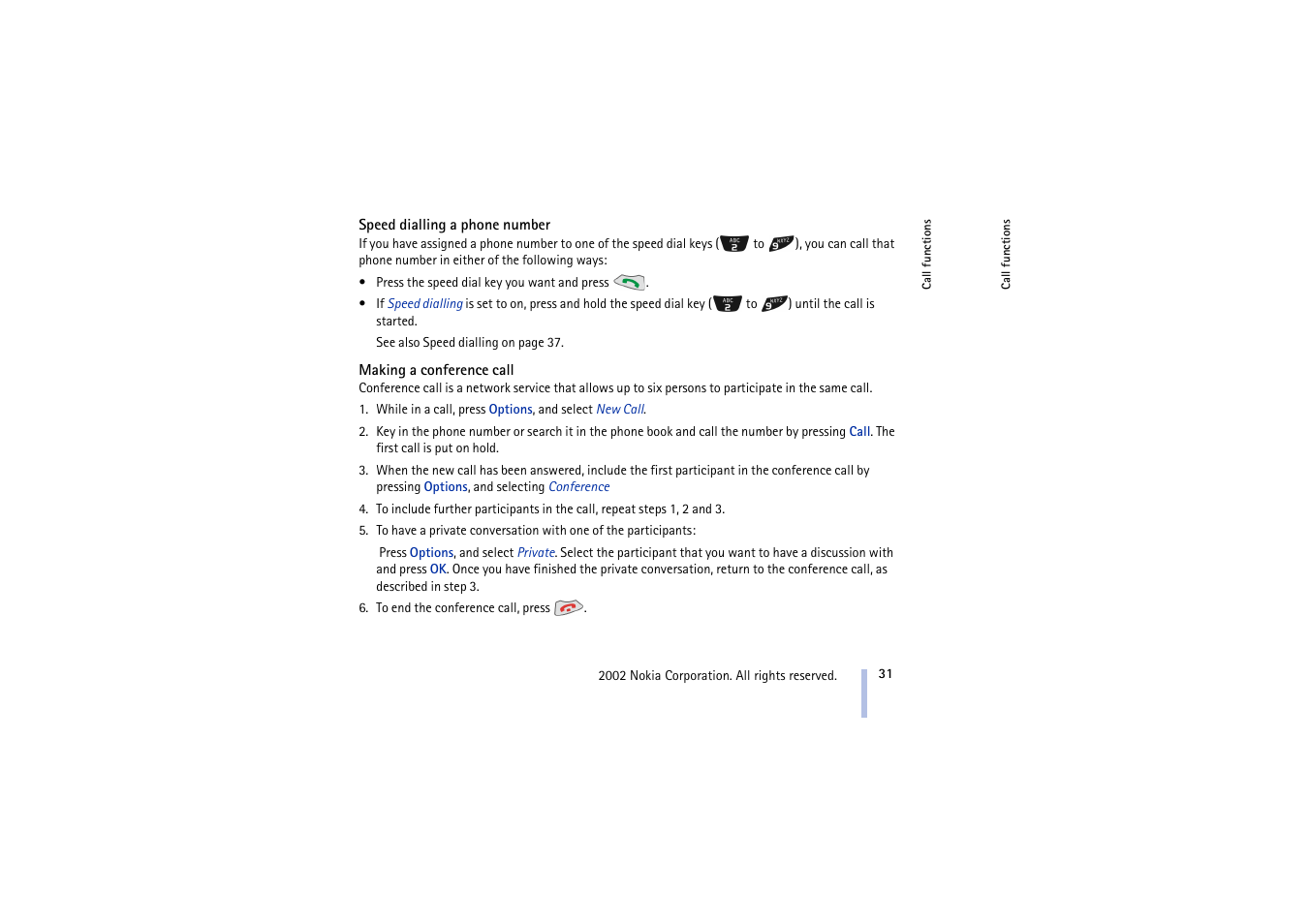 Speed dialling a phone number, Making a conference call | Nokia 5210 User Manual | Page 31 / 106