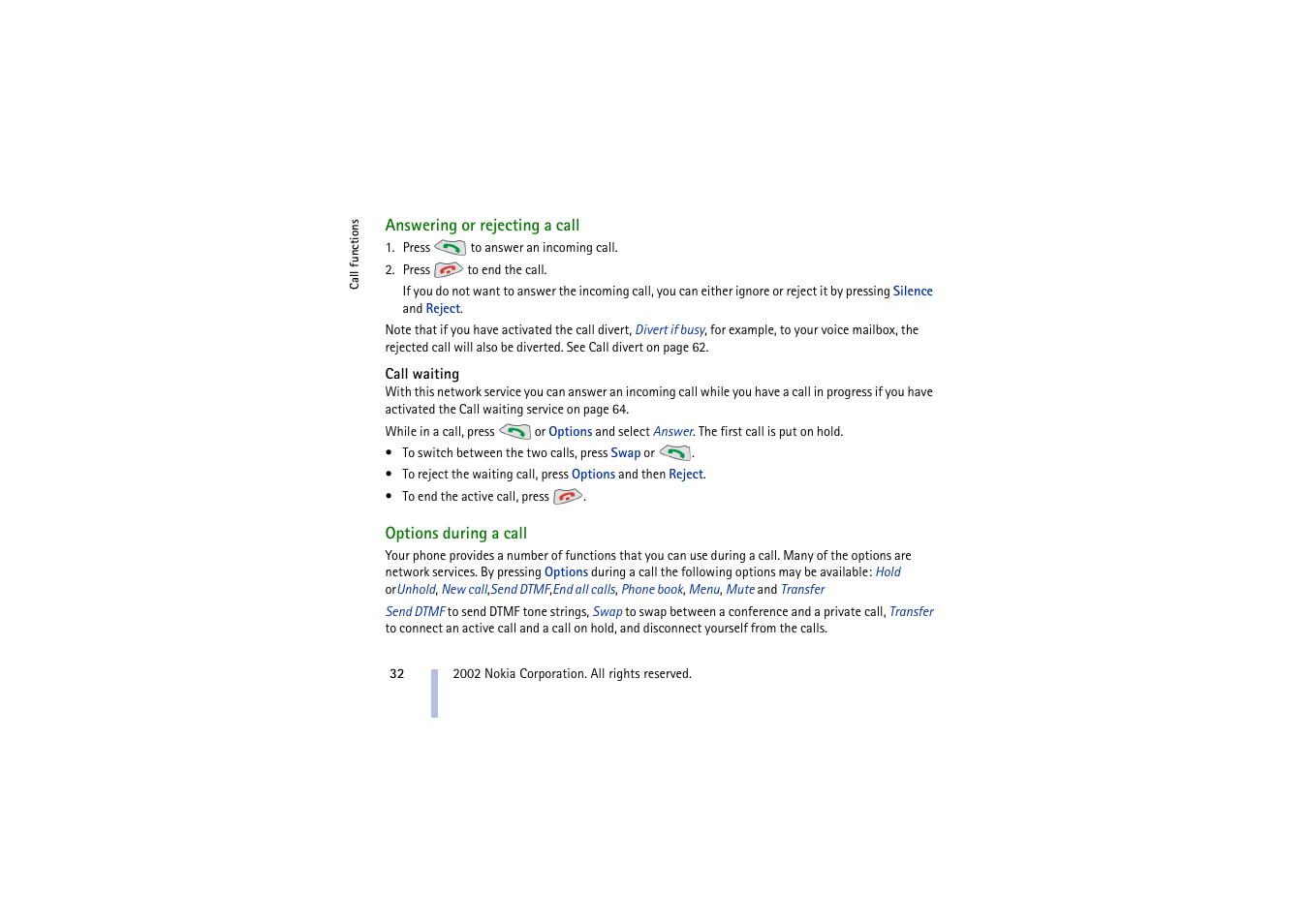 Answering or rejecting a call, Call waiting, Options during a call | Nokia 5210 User Manual | Page 32 / 106