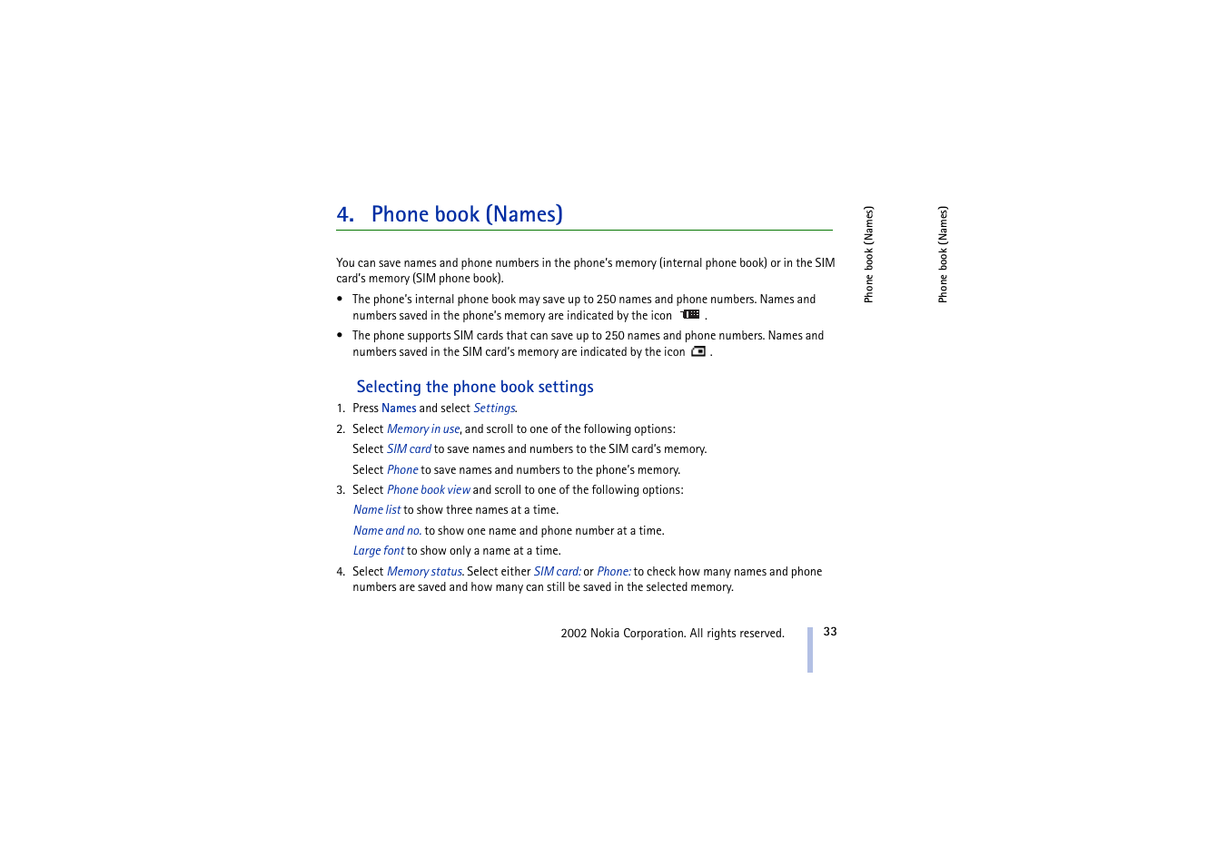 Phone book (names), Selecting the phone book settings | Nokia 5210 User Manual | Page 33 / 106