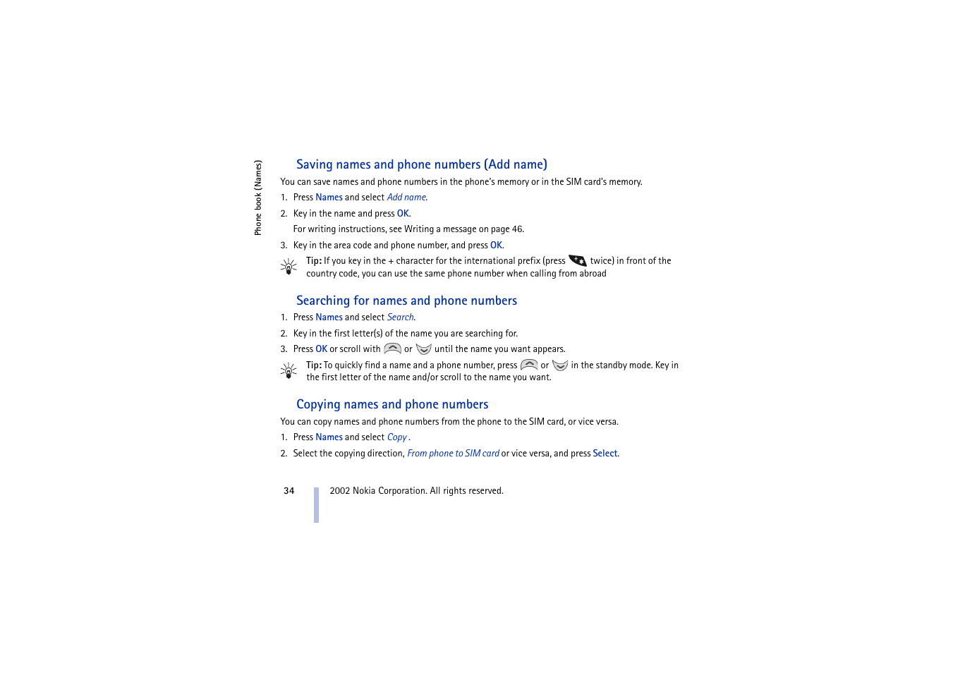 Saving names and phone numbers (add name), Searching for names and phone numbers, Copying names and phone numbers | Nokia 5210 User Manual | Page 34 / 106