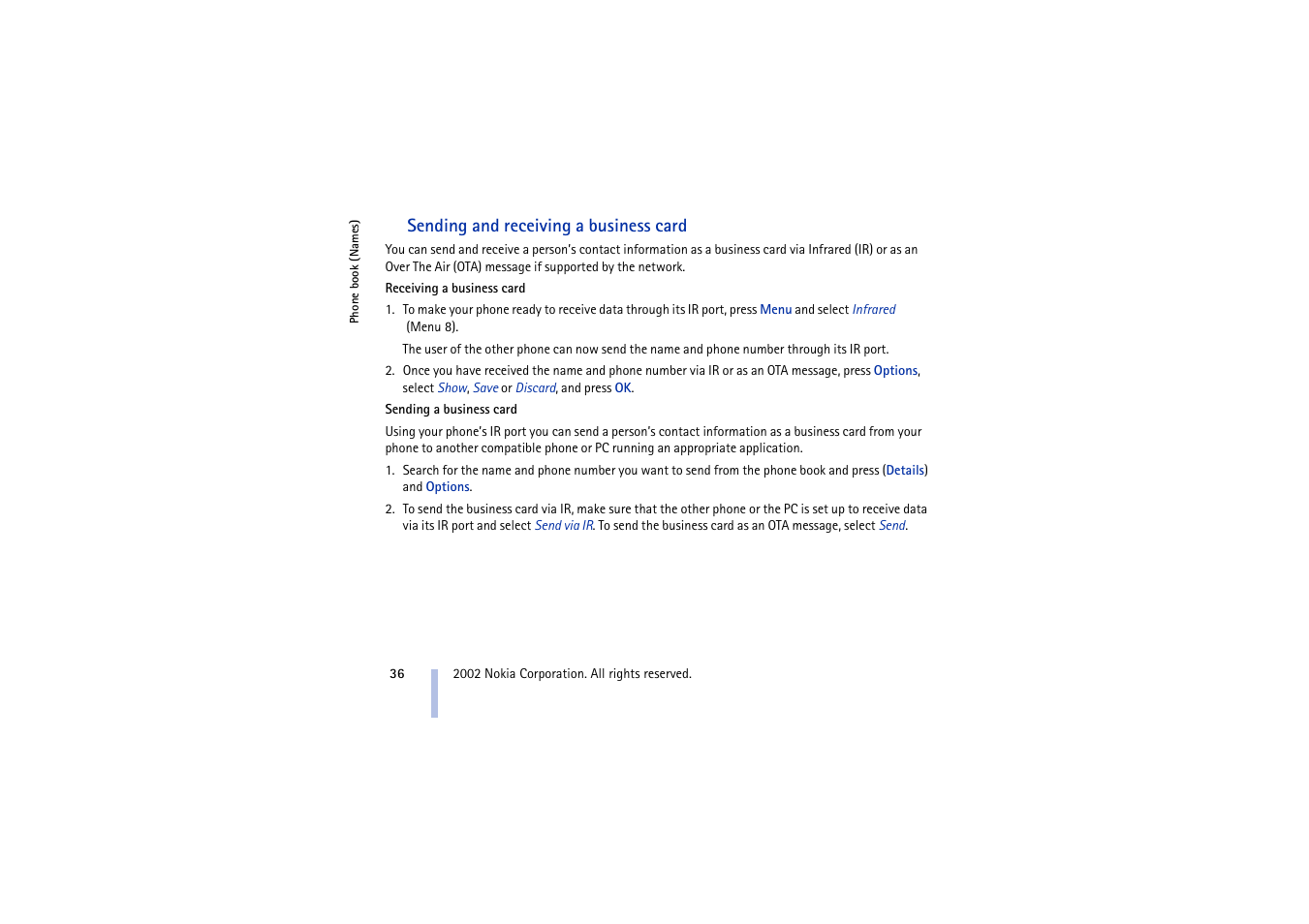 Sending and receiving a business card | Nokia 5210 User Manual | Page 36 / 106