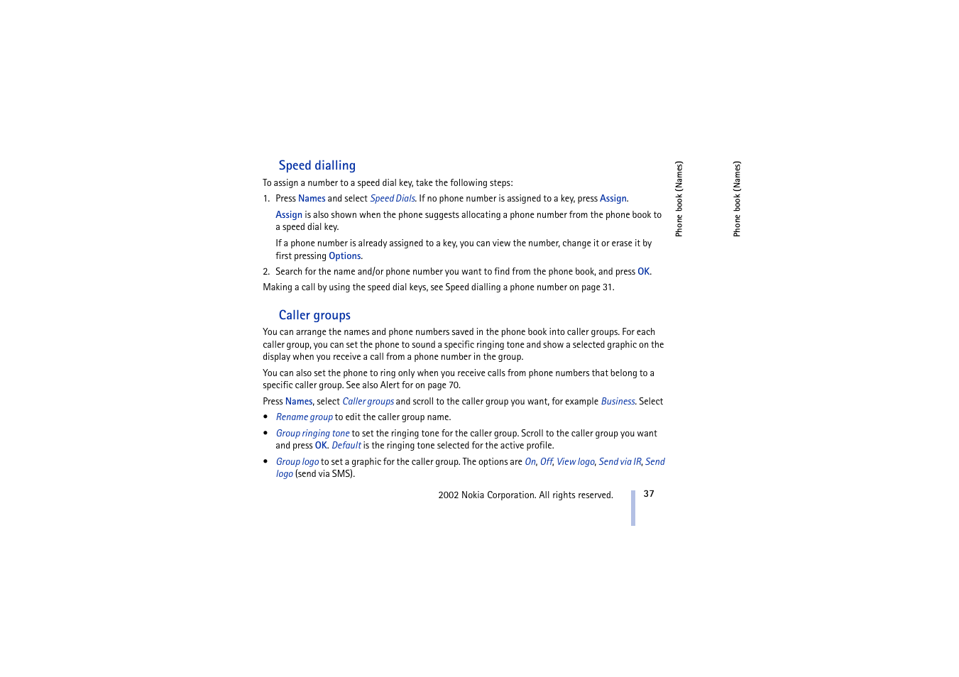 Speed dialling, Caller groups, Speed dialling caller groups | Nokia 5210 User Manual | Page 37 / 106