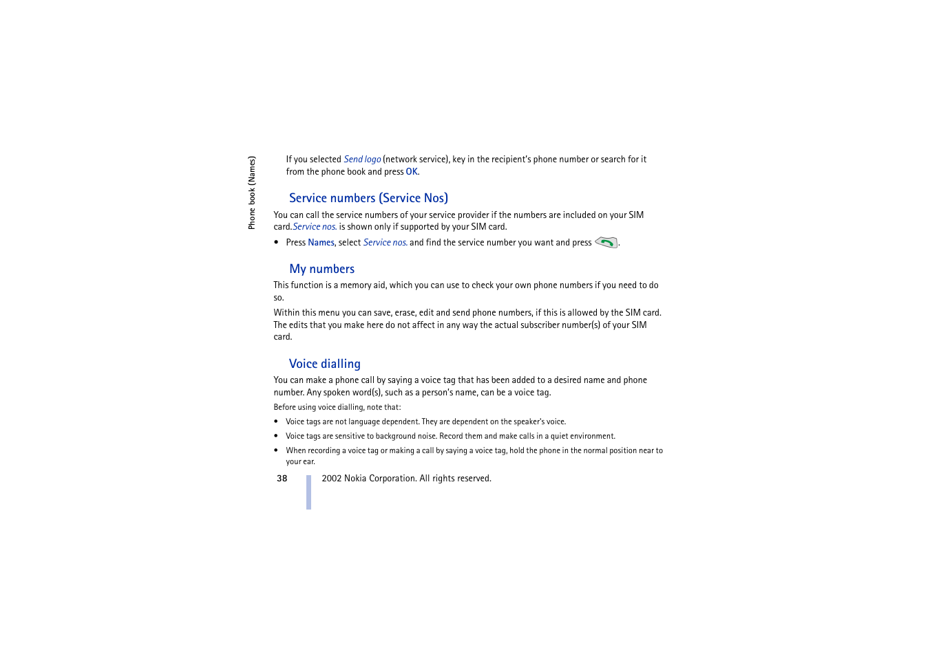 Service numbers (service nos), My numbers, Voice dialling | Nokia 5210 User Manual | Page 38 / 106