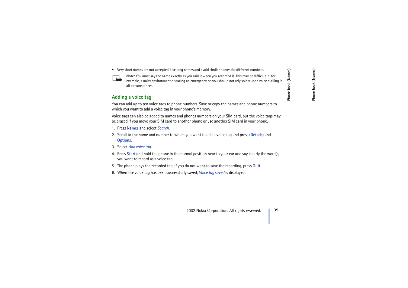 Adding a voice tag | Nokia 5210 User Manual | Page 39 / 106