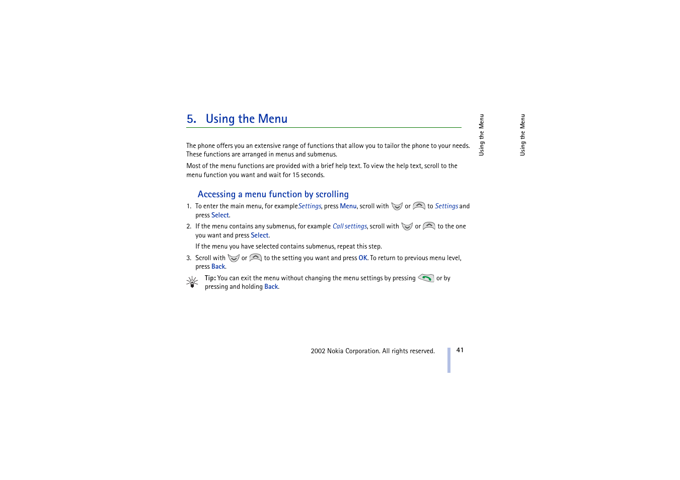Using the menu, Accessing a menu function by scrolling | Nokia 5210 User Manual | Page 41 / 106