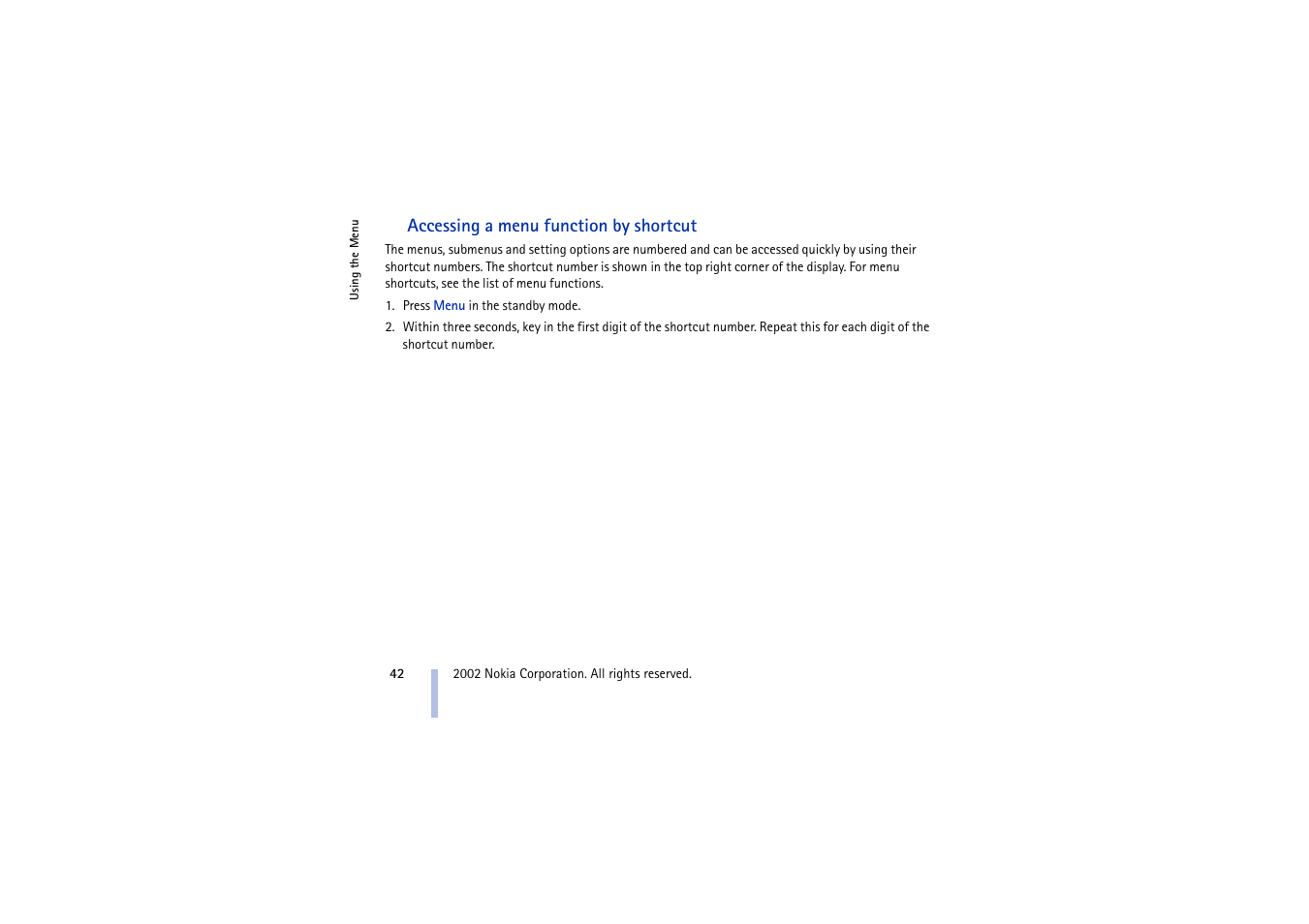 Accessing a menu function by shortcut | Nokia 5210 User Manual | Page 42 / 106
