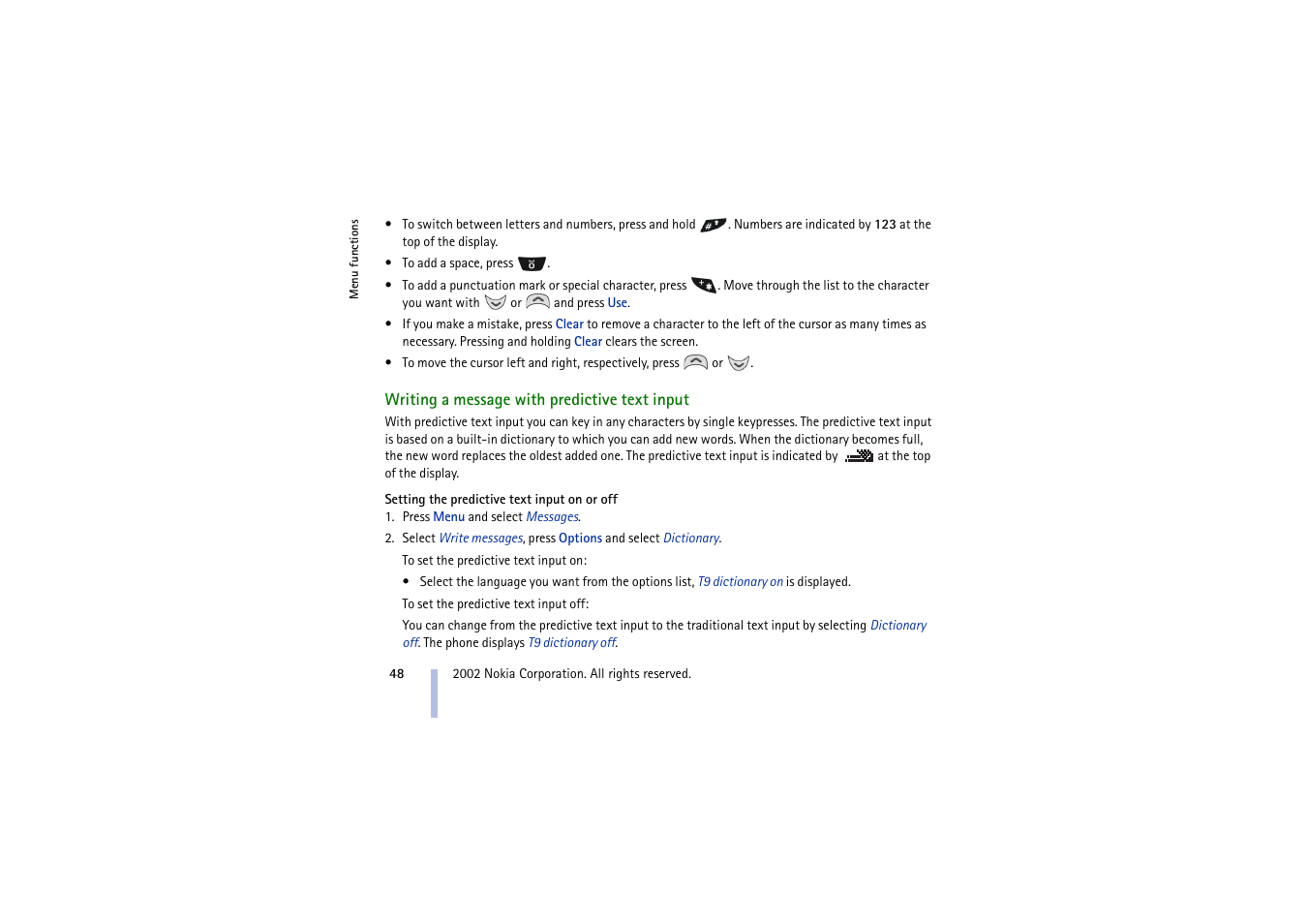 Writing a message with predictive text input, Writing a, Message with predictive text input on 48 | E writing a | Nokia 5210 User Manual | Page 48 / 106