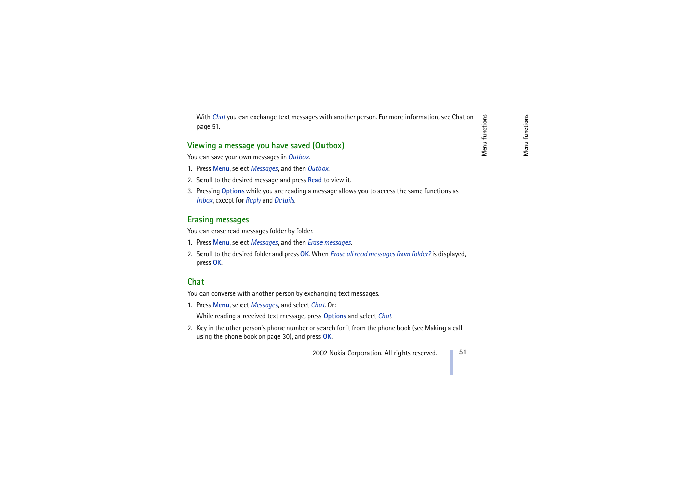 Viewing a message you have saved (outbox), Erasing messages, Chat | Nokia 5210 User Manual | Page 51 / 106