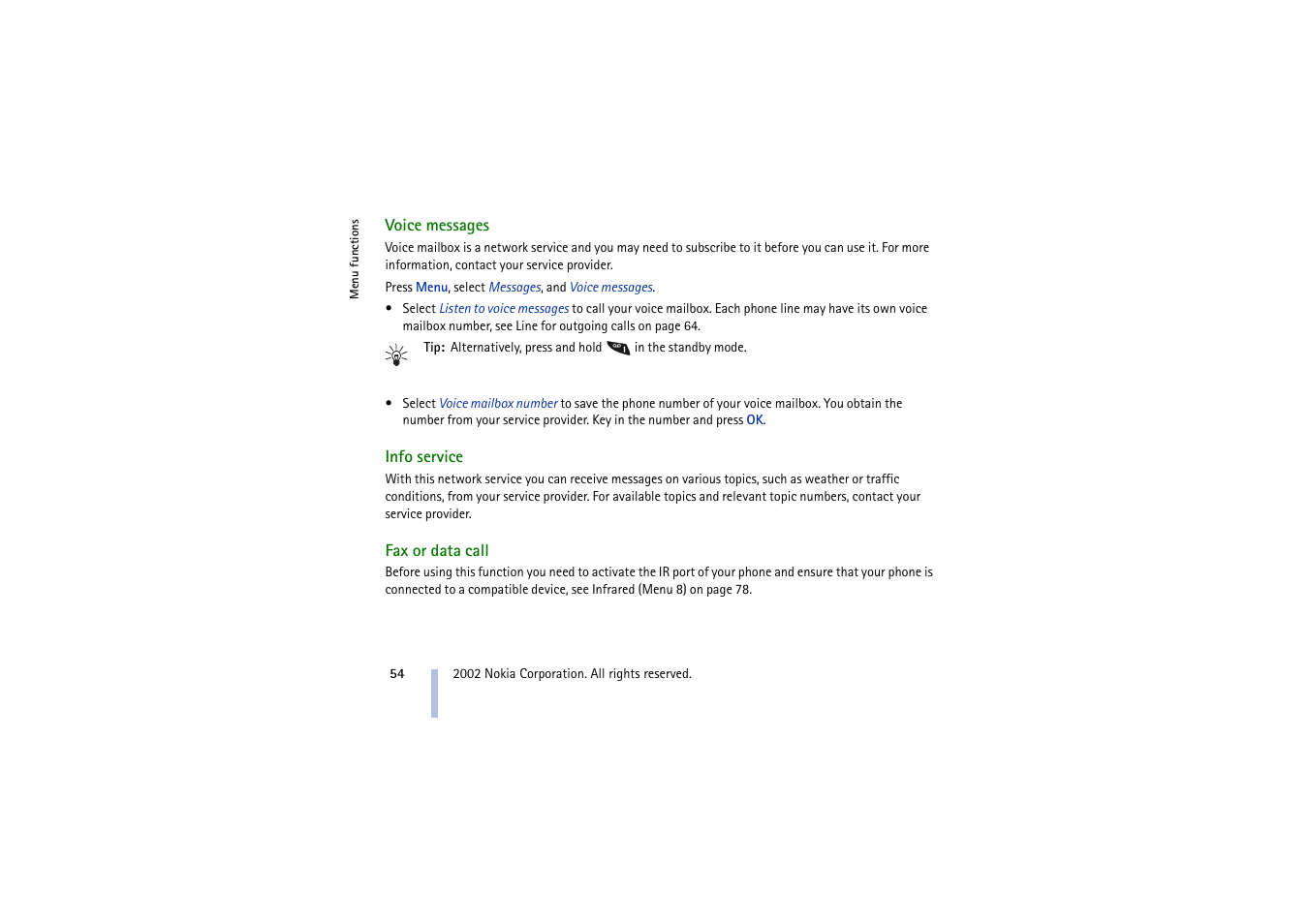Voice messages, Info service, Fax or data call | Voice messages info service fax or data call | Nokia 5210 User Manual | Page 54 / 106