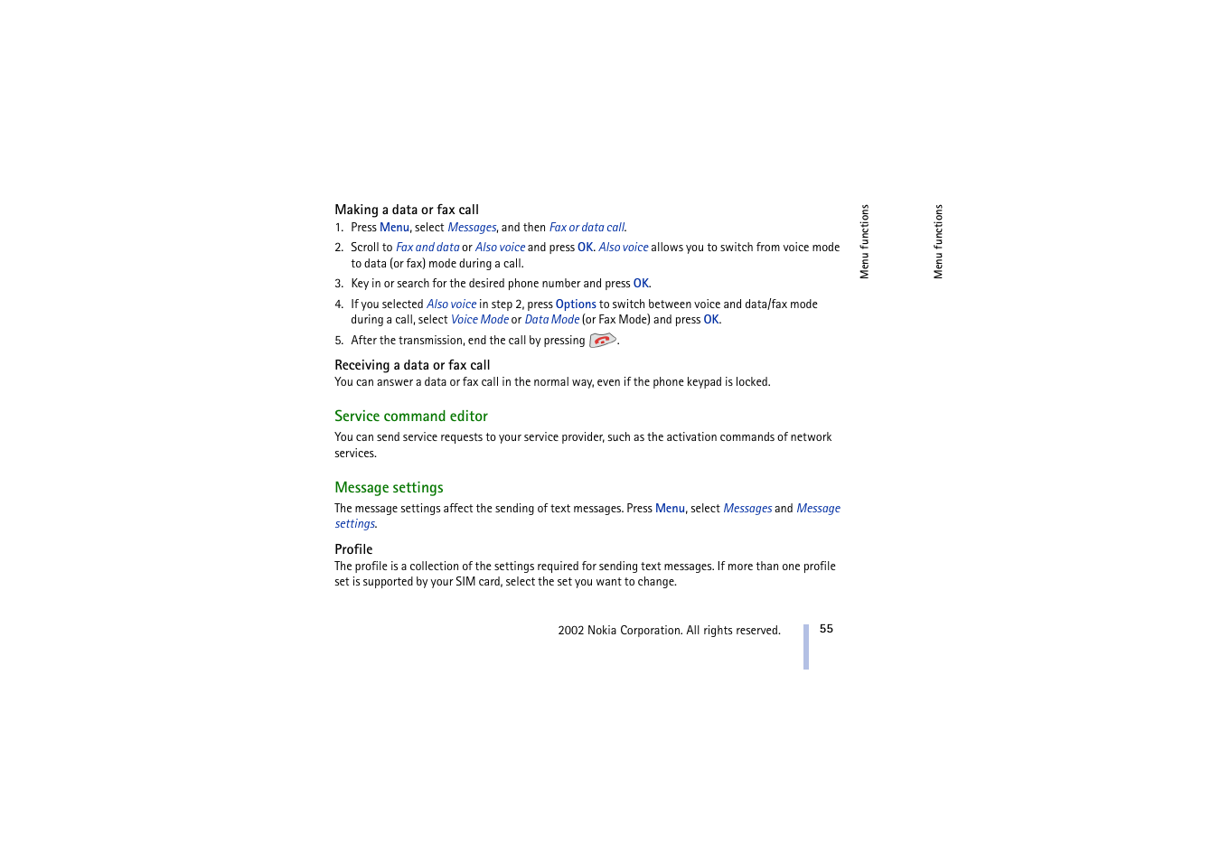Making a data or fax call, Receiving a data or fax call, Service command editor | Message settings, Profile, Service command editor message settings | Nokia 5210 User Manual | Page 55 / 106
