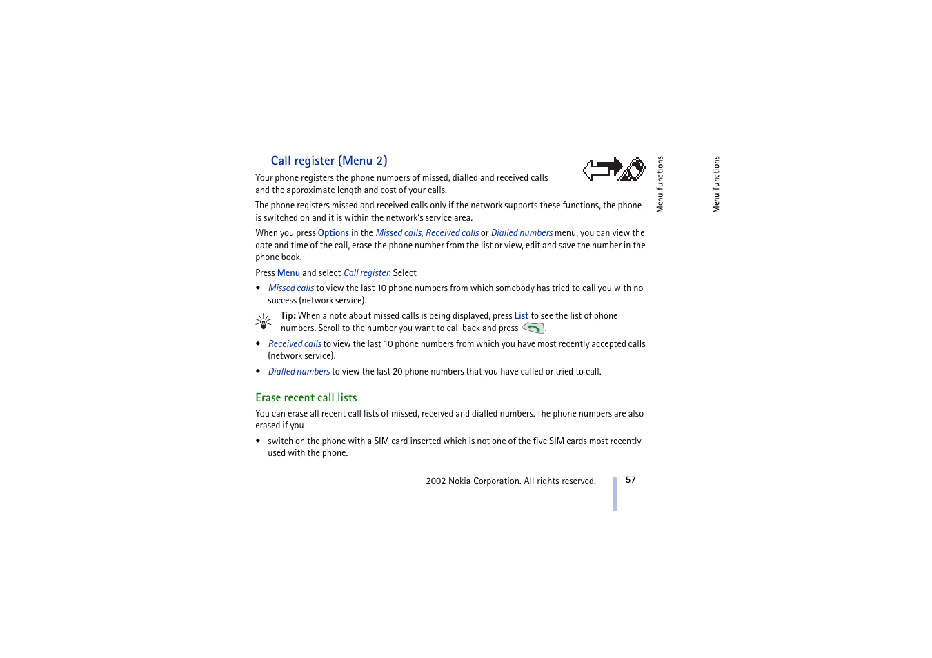 Call register (menu 2), Erase recent call lists | Nokia 5210 User Manual | Page 57 / 106