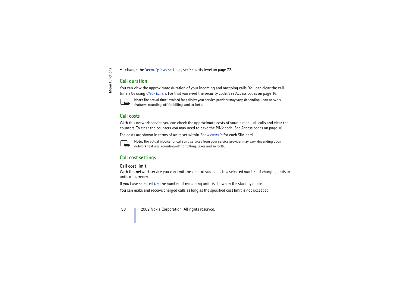 Call duration, Call costs, Call cost settings | Call cost limit, Call duration call costs call cost settings | Nokia 5210 User Manual | Page 58 / 106