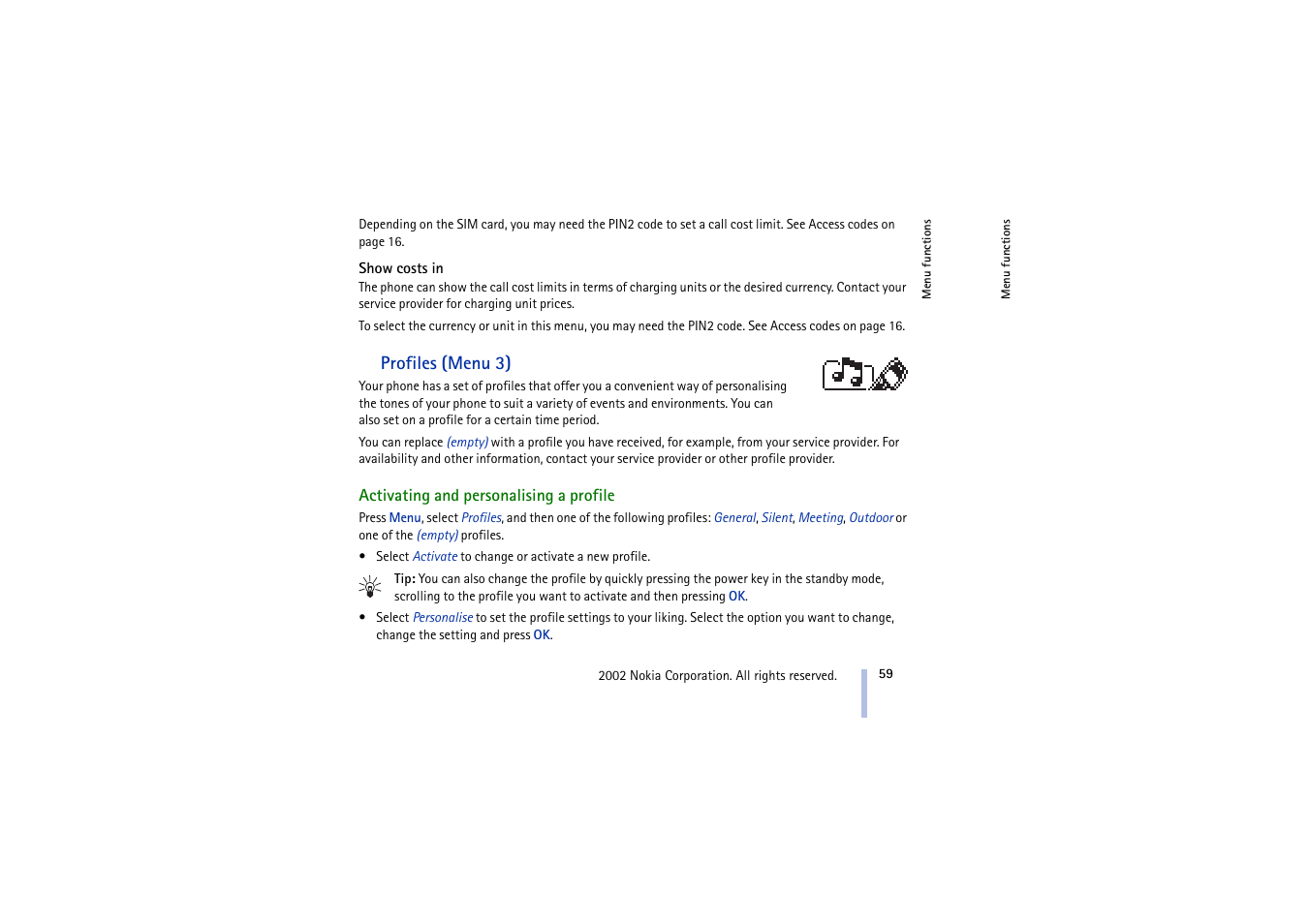 Show costs in, Profiles (menu 3), Activating and personalising a profile | Unlocking the keypad with the keyguard code | Nokia 5210 User Manual | Page 59 / 106