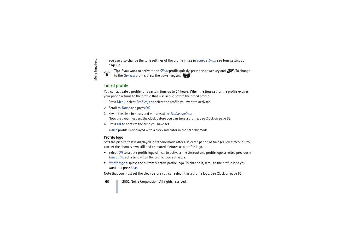 Timed profile, Profile logo, See timed profile on | Nokia 5210 User Manual | Page 60 / 106