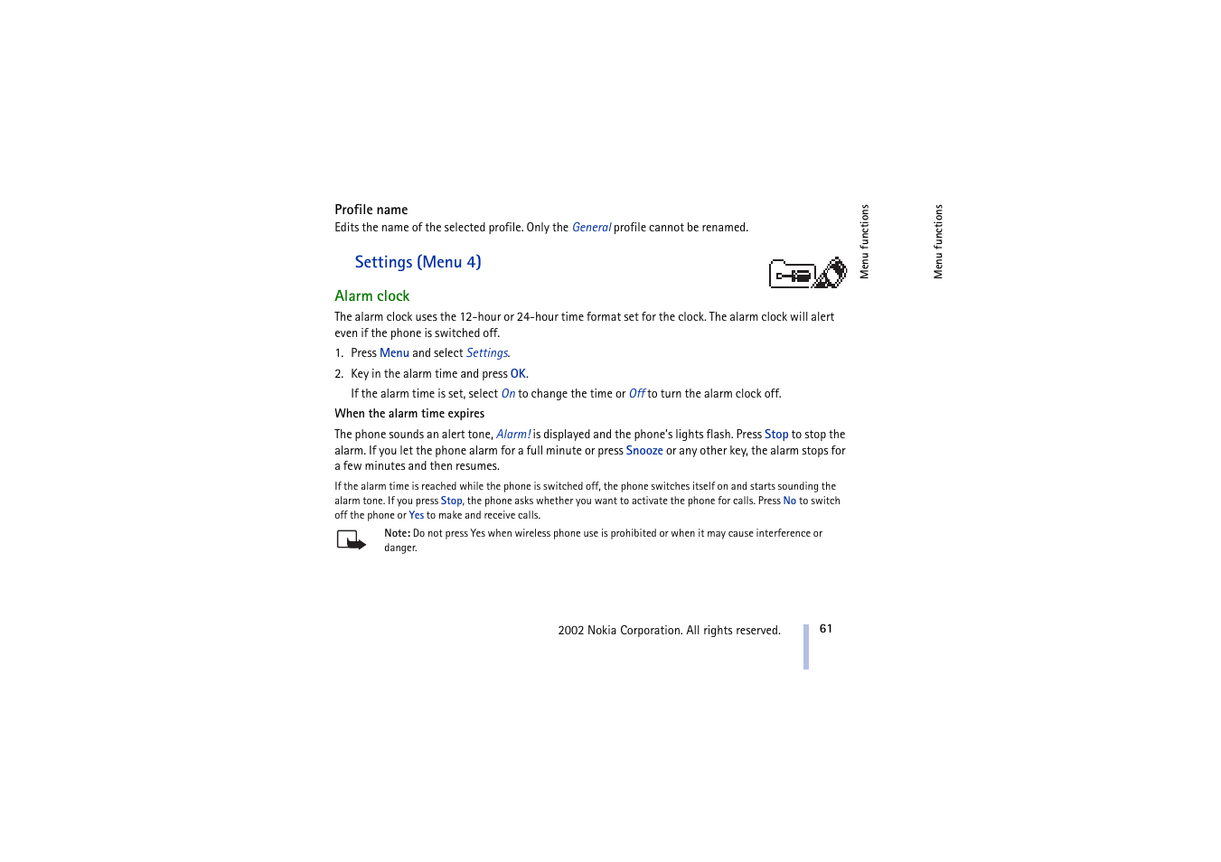 Profile name, Settings (menu 4), Alarm clock | Nokia 5210 User Manual | Page 61 / 106