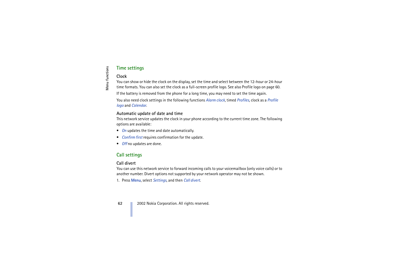 Time settings, Clock, Automatic update of date and time | Call settings, Call divert, Clock automatic update of date and time, E call divert, Clock on | Nokia 5210 User Manual | Page 62 / 106