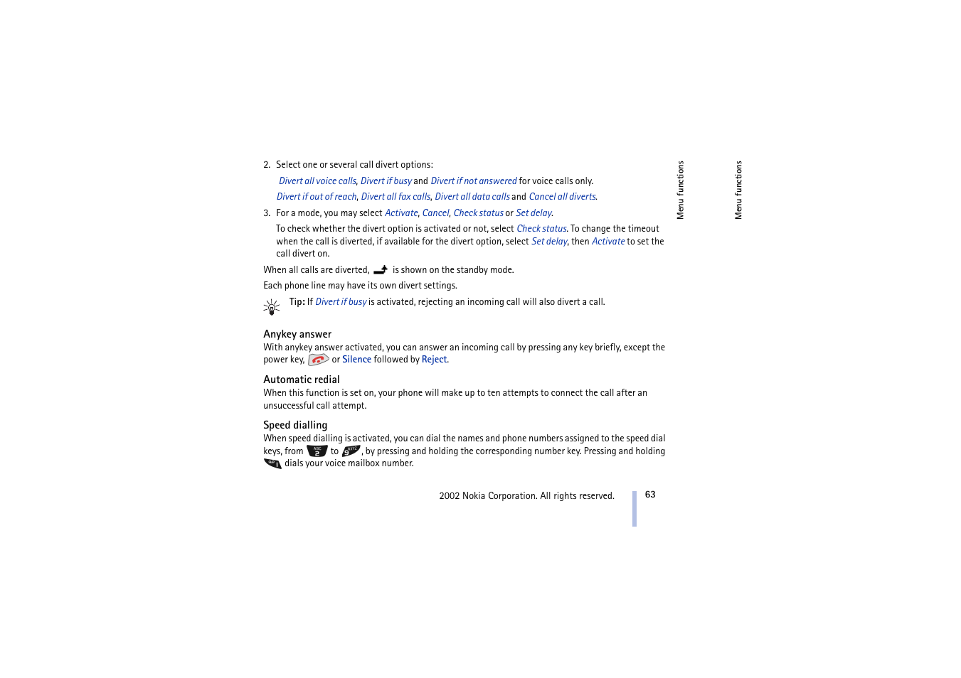Anykey answer, Automatic redial, Speed dialling | Anykey answer automatic redial speed dialling | Nokia 5210 User Manual | Page 63 / 106