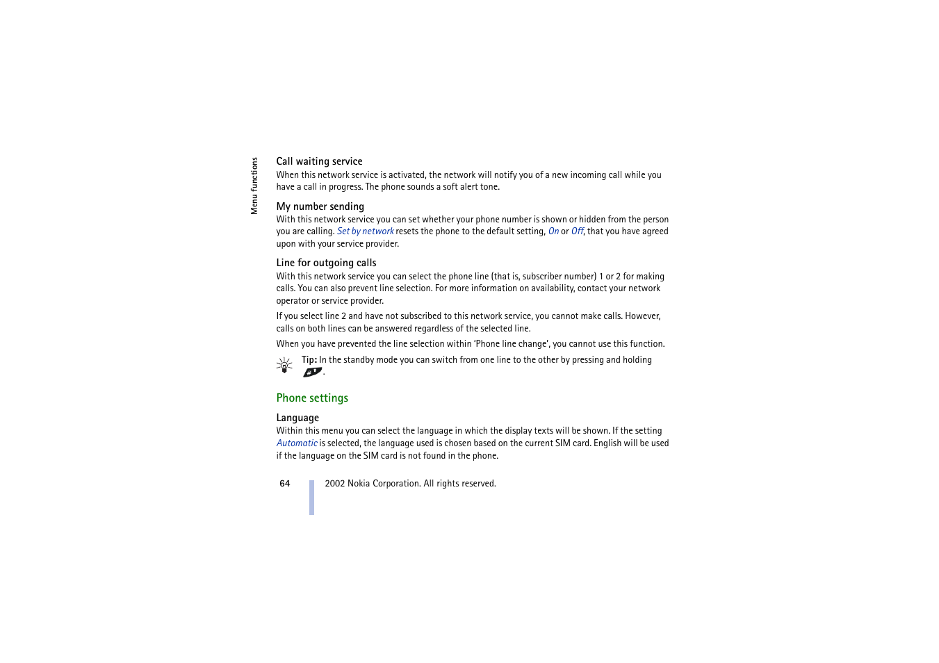 Call waiting service, My number sending, Line for outgoing calls | Phone settings, Language | Nokia 5210 User Manual | Page 64 / 106