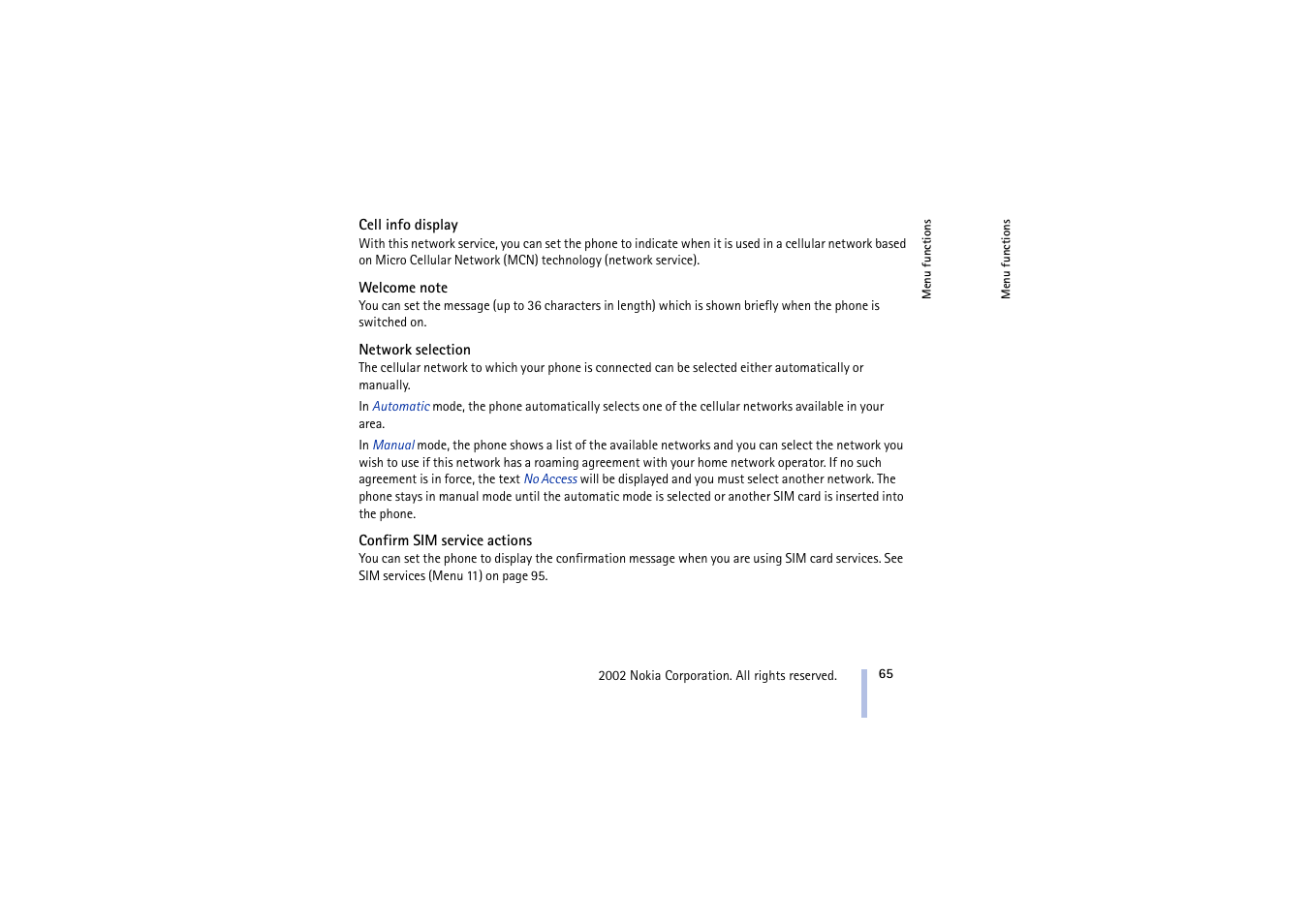 Cell info display, Welcome note, Network selection | Confirm sim service actions | Nokia 5210 User Manual | Page 65 / 106