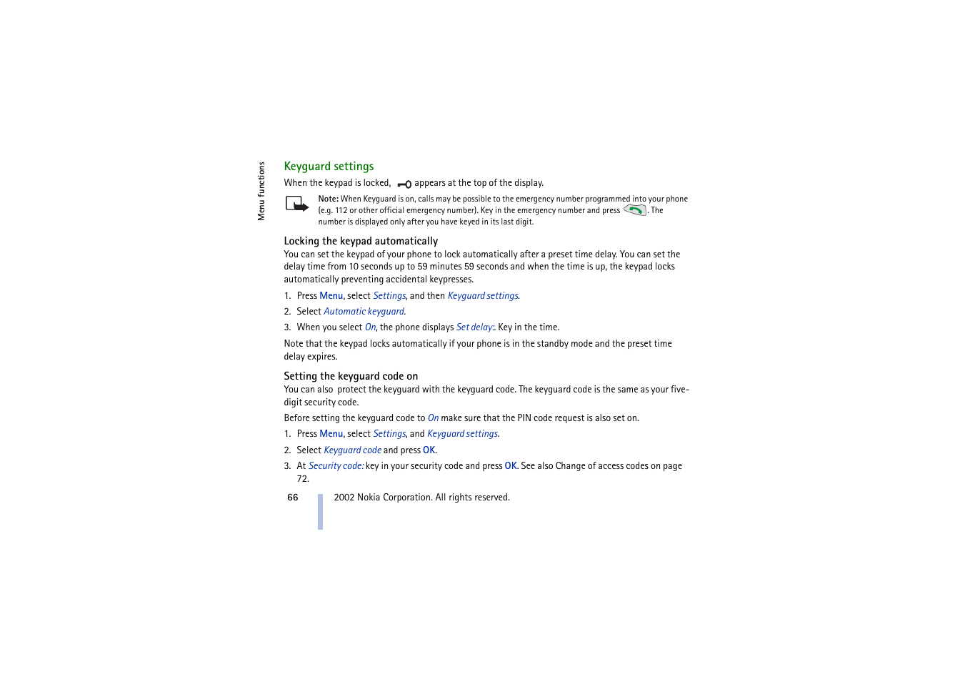 Keyguard settings, Locking the keypad automatically, Setting the keyguard code on | Setting the keyguard code on on, Eyguard settings, Tting the keyguard code on | Nokia 5210 User Manual | Page 66 / 106