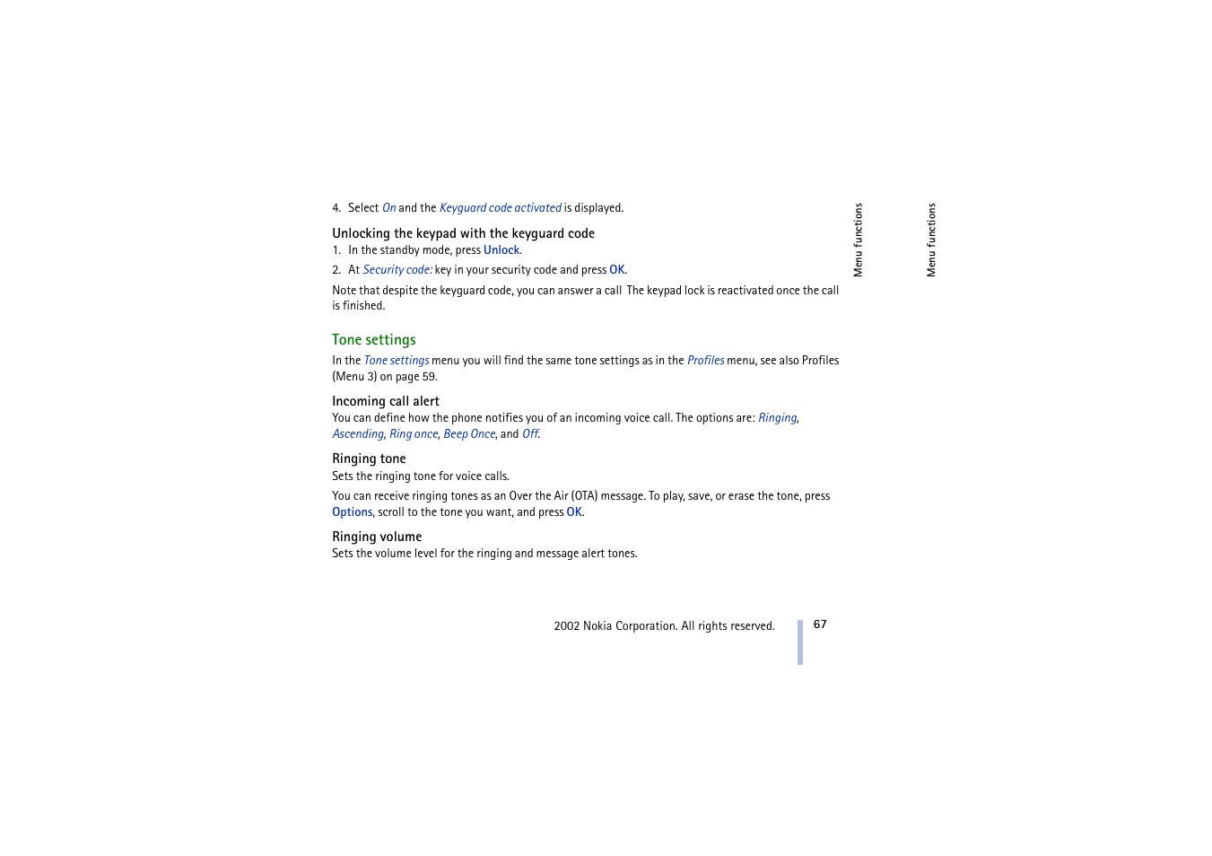 Unlocking the keypad with the keyguard code, Tone settings, Incoming call alert | Ringing tone, Ringing volume, Incoming call alert ringing tone ringing volume, Making a currency conversion, See tone settings on | Nokia 5210 User Manual | Page 67 / 106