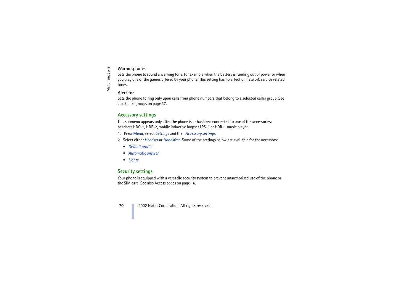 Warning tones, Alert for, Accessory settings | Security settings, Warning tones alert for, Accessory settings security settings, See security settings, E also alert for on | Nokia 5210 User Manual | Page 70 / 106