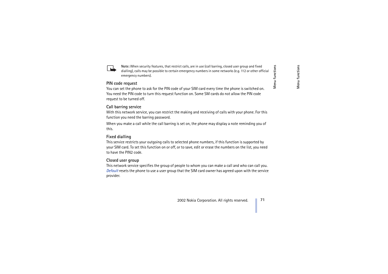 Pin code request, Call barring service, Fixed dialling | Closed user group, Closed user group on | Nokia 5210 User Manual | Page 71 / 106