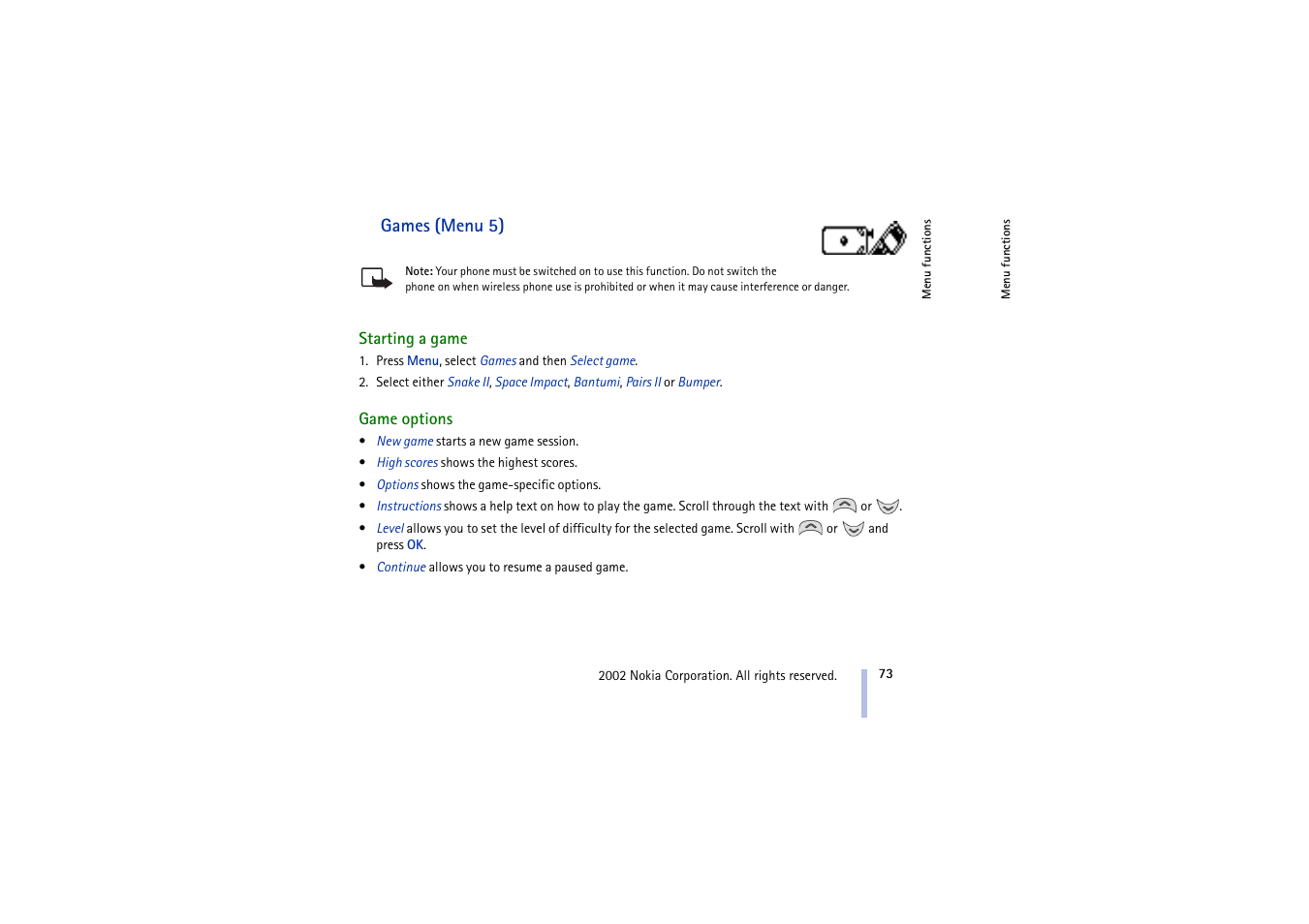 Games (menu 5), Starting a game, Game options | Starting a game game options | Nokia 5210 User Manual | Page 73 / 106