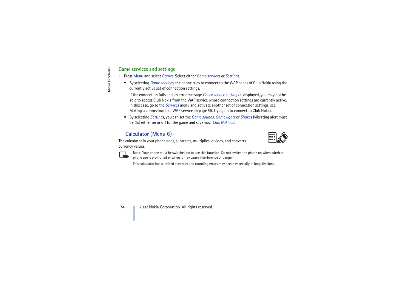 Game services and settings, Calculator (menu 6) | Nokia 5210 User Manual | Page 74 / 106