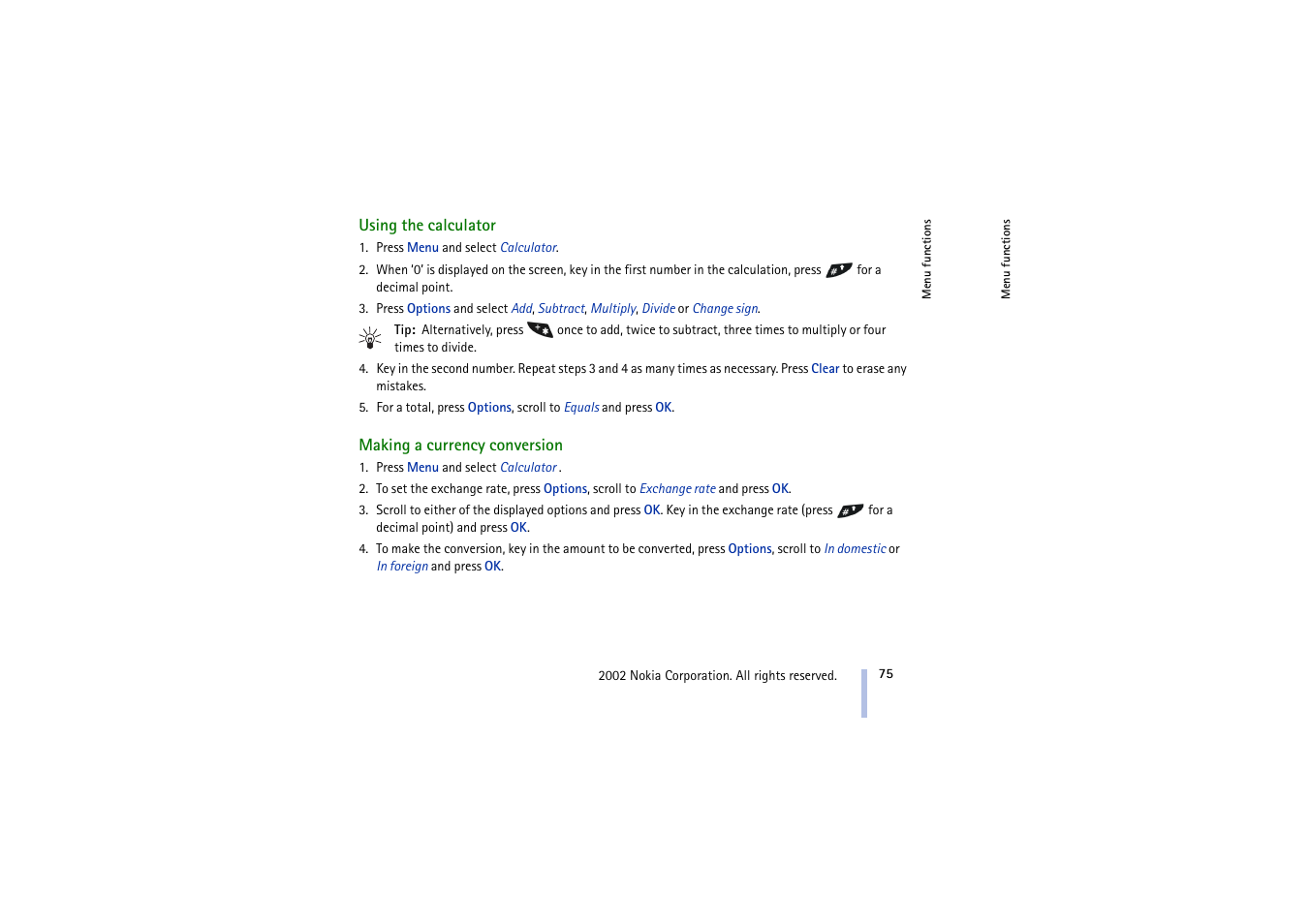 Using the calculator, Making a currency conversion | Nokia 5210 User Manual | Page 75 / 106