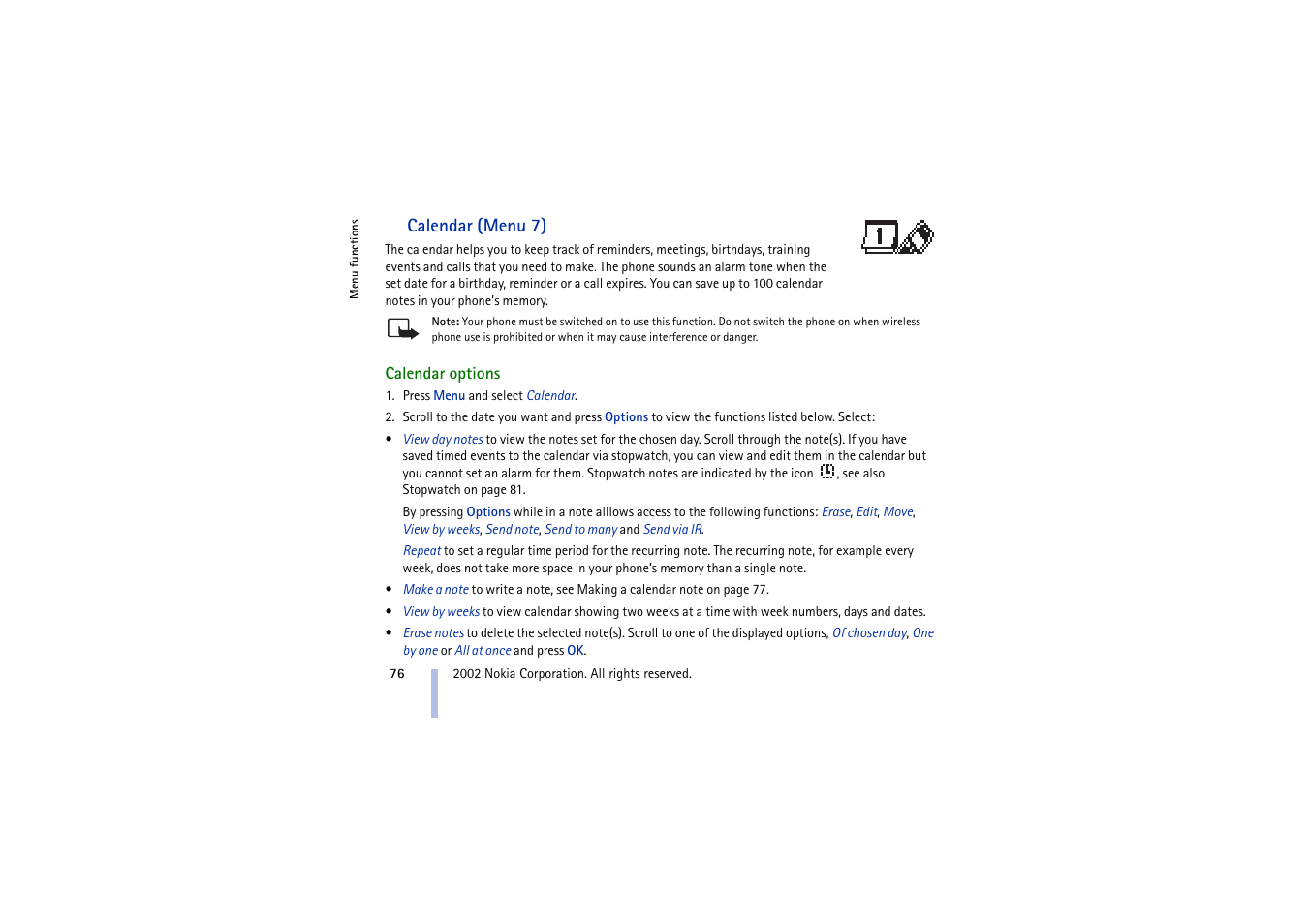 Calendar (menu 7), Calendar options, To set the phone to receive service messages | Nokia 5210 User Manual | Page 76 / 106