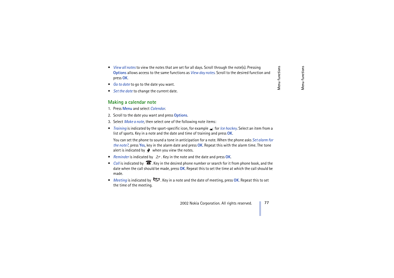 Making a calendar note | Nokia 5210 User Manual | Page 77 / 106