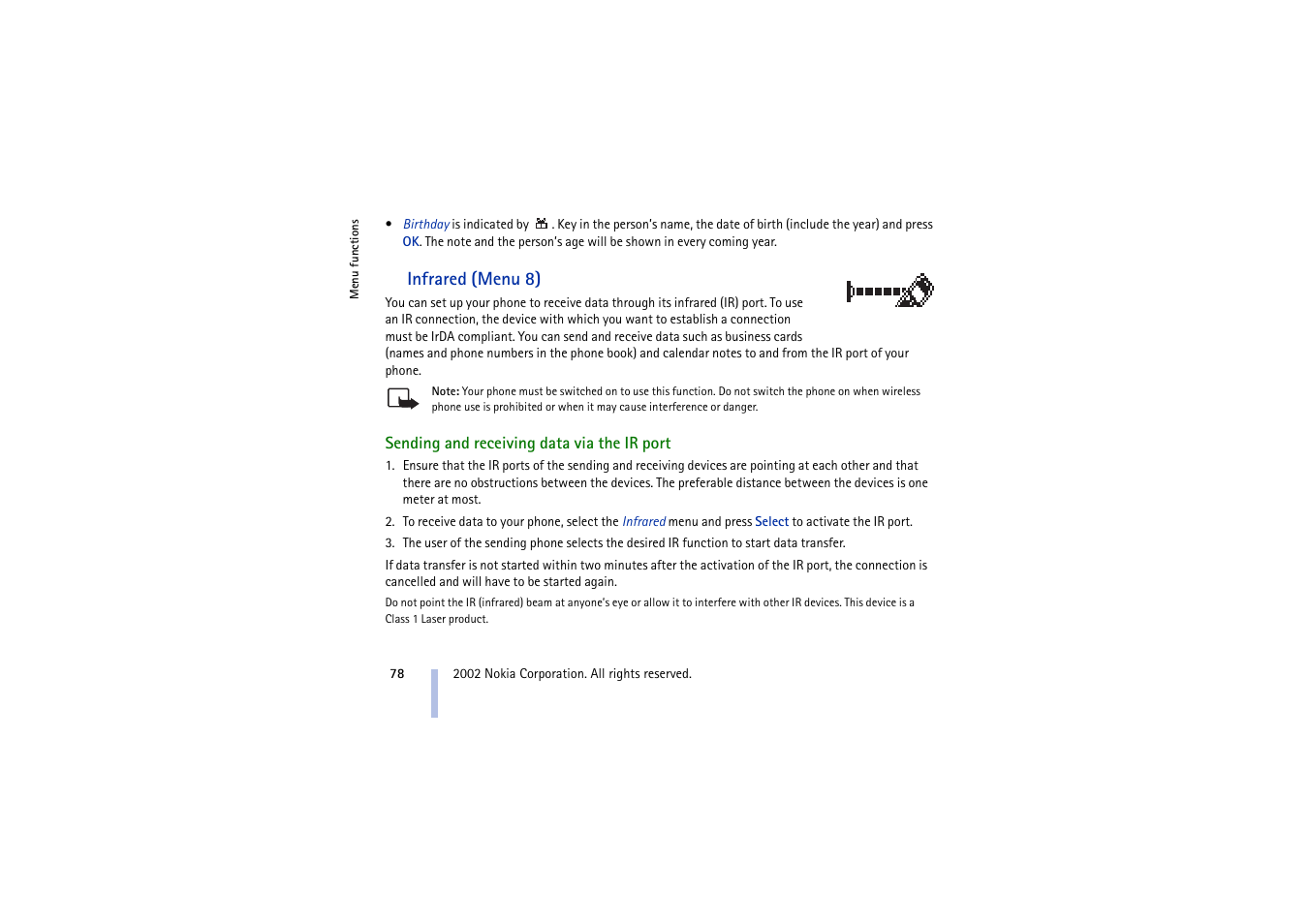 Infrared (menu 8), Sending and receiving data via the ir port | Nokia 5210 User Manual | Page 78 / 106