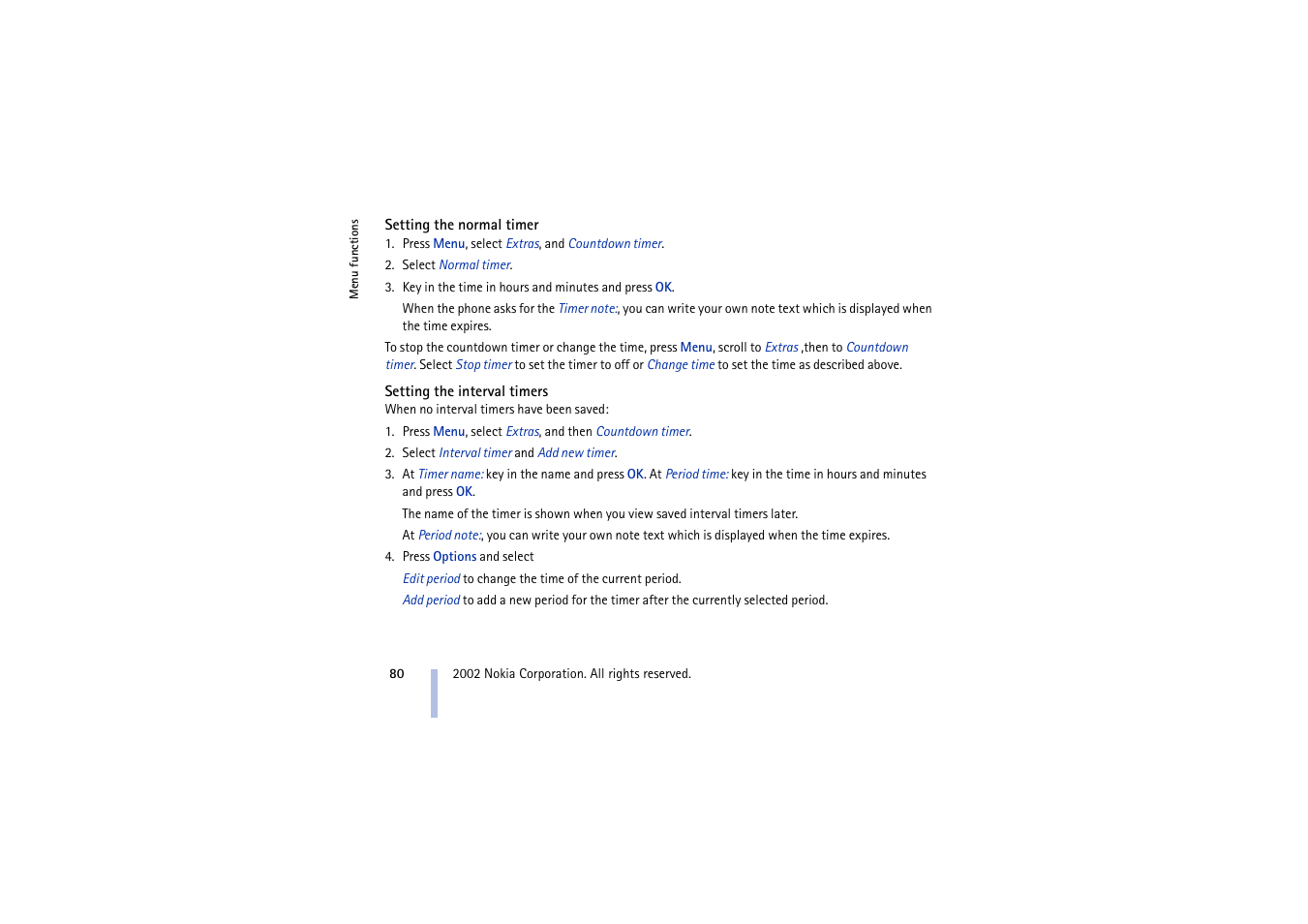 Setting the normal timer, Setting the interval timers | Nokia 5210 User Manual | Page 80 / 106