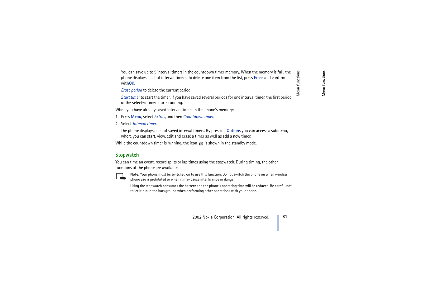 Stopwatch, E stopwatch on | Nokia 5210 User Manual | Page 81 / 106