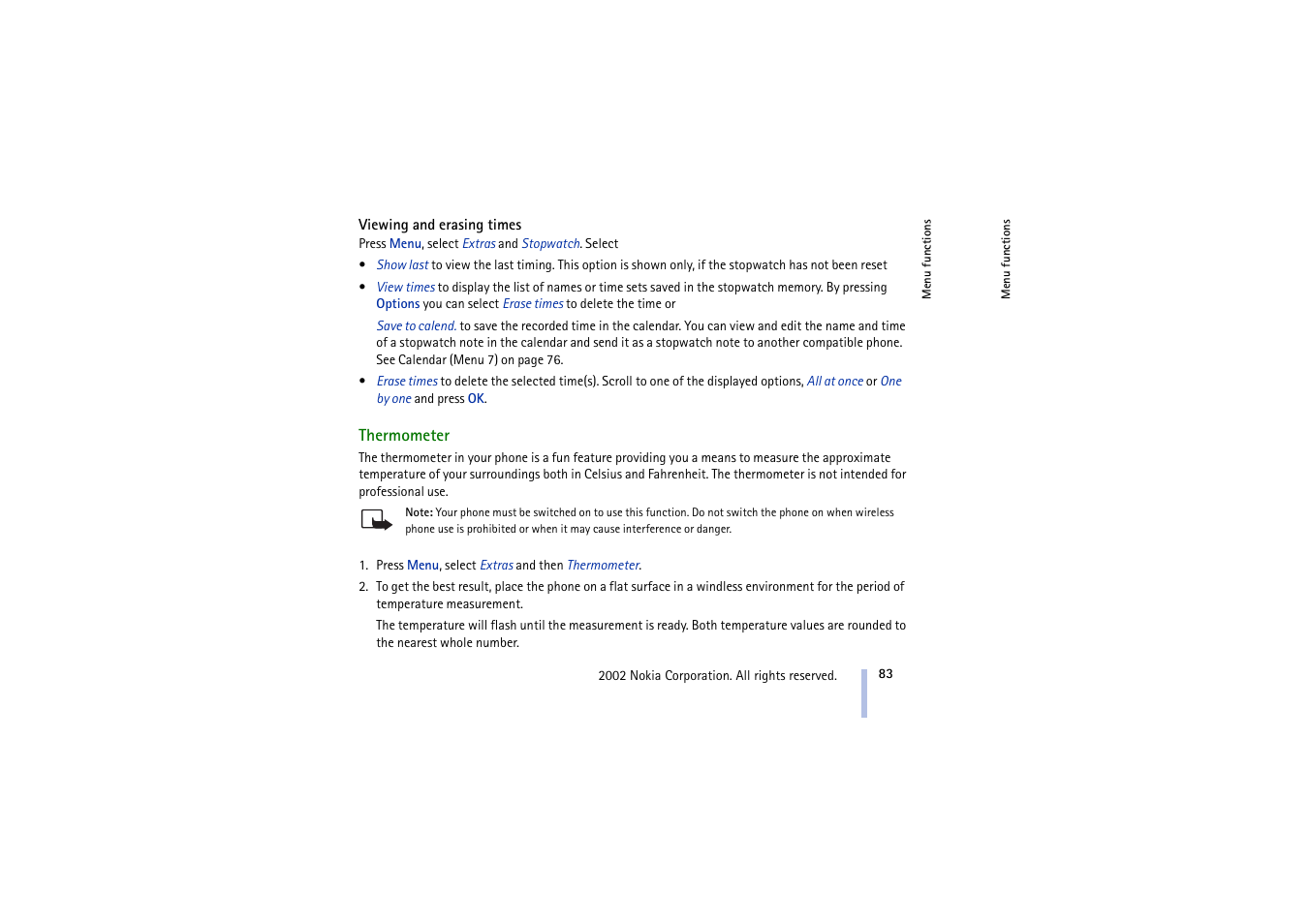 Viewing and erasing times, Thermometer | Nokia 5210 User Manual | Page 83 / 106