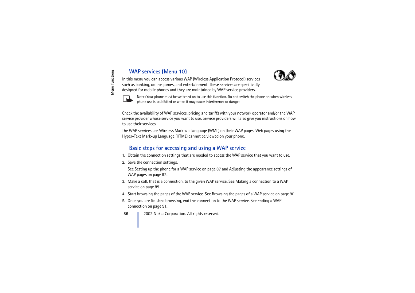 Wap services (menu 10), Basic steps for accessing and using a wap service | Nokia 5210 User Manual | Page 86 / 106