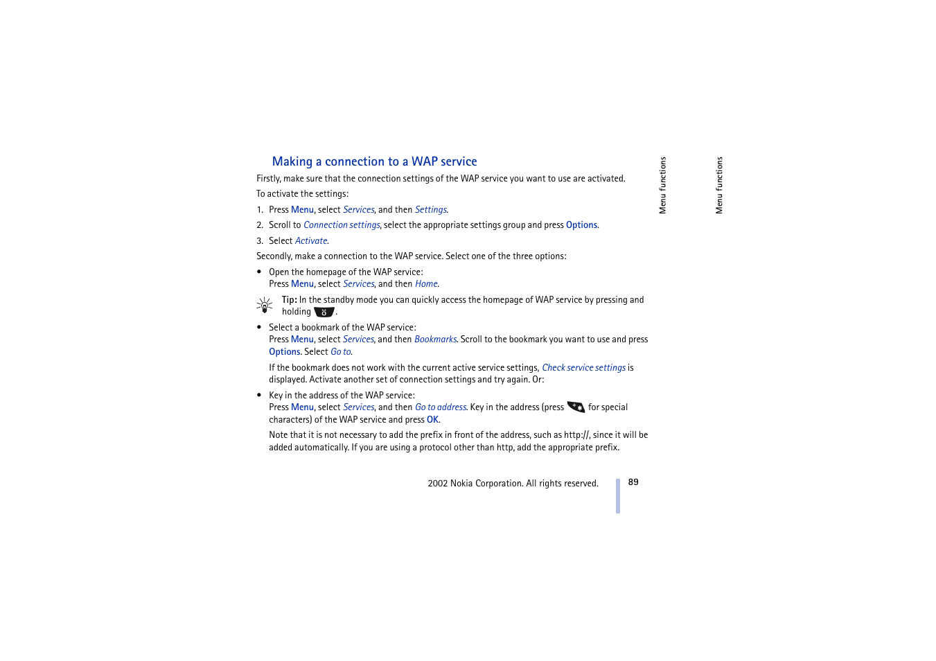 Making a connection to a wap service, Making a connection to a wap | Nokia 5210 User Manual | Page 89 / 106