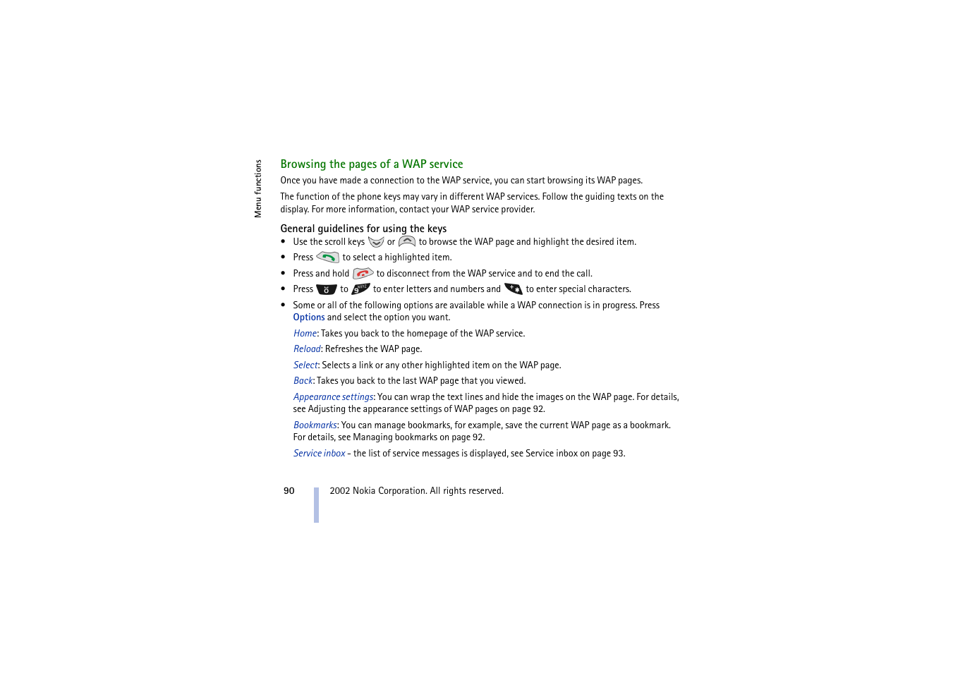 General guidelines for using the keys | Nokia 5210 User Manual | Page 90 / 106