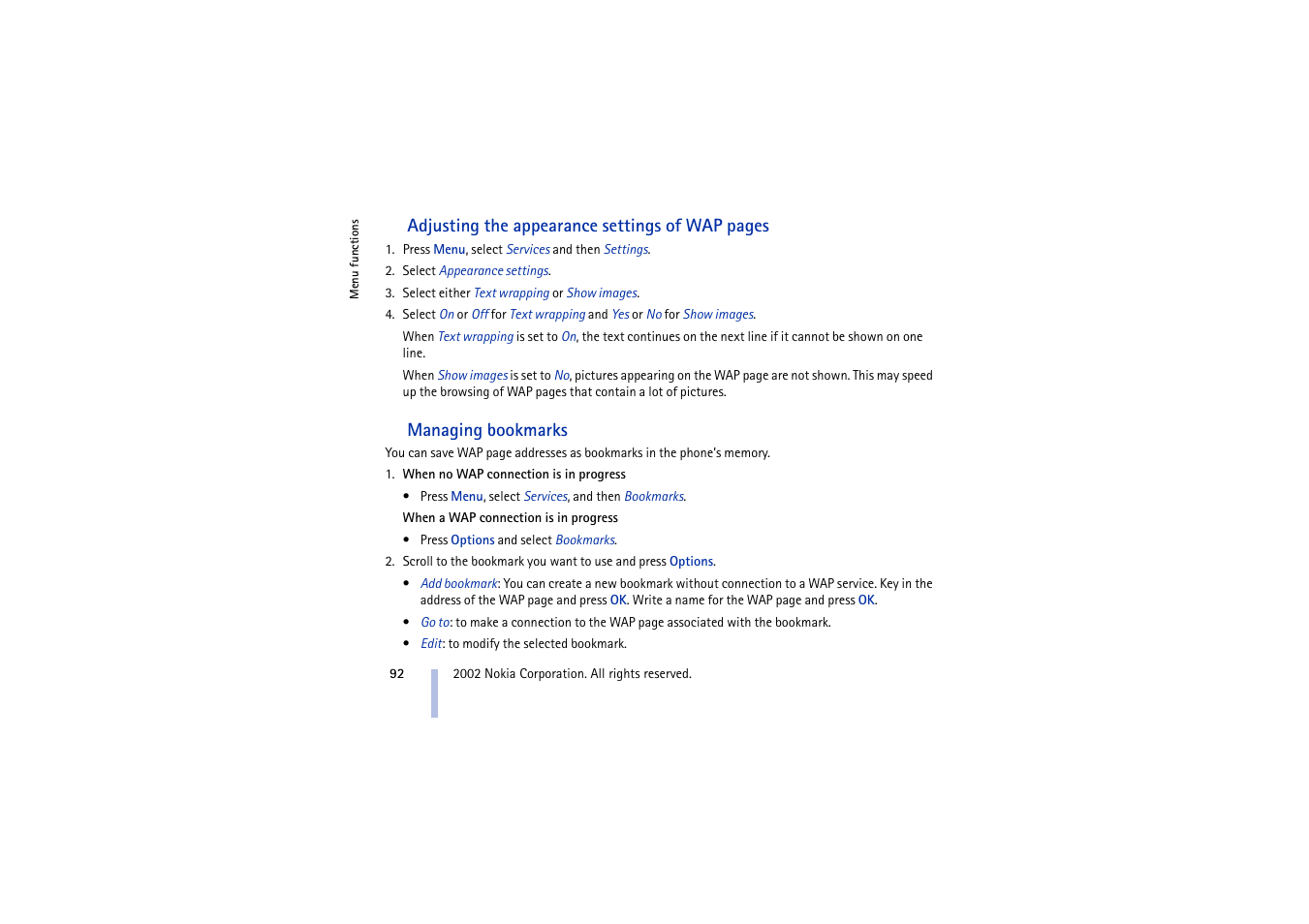 Managing bookmarks | Nokia 5210 User Manual | Page 92 / 106