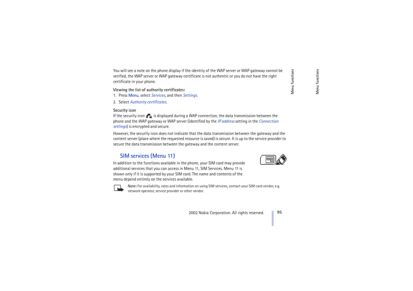 Sim services (menu 11) | Nokia 5210 User Manual | Page 95 / 106